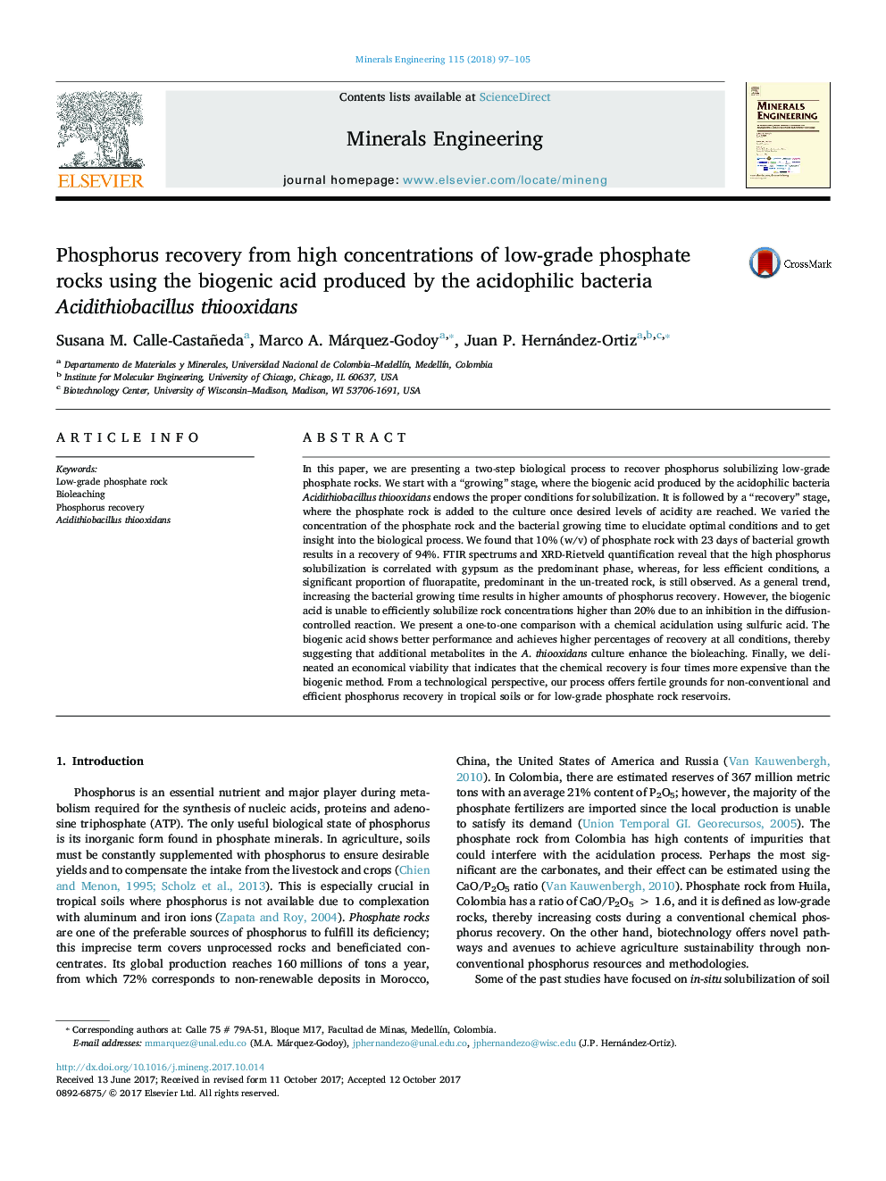 Phosphorus recovery from high concentrations of low-grade phosphate rocks using the biogenic acid produced by the acidophilic bacteria Acidithiobacillus thiooxidans