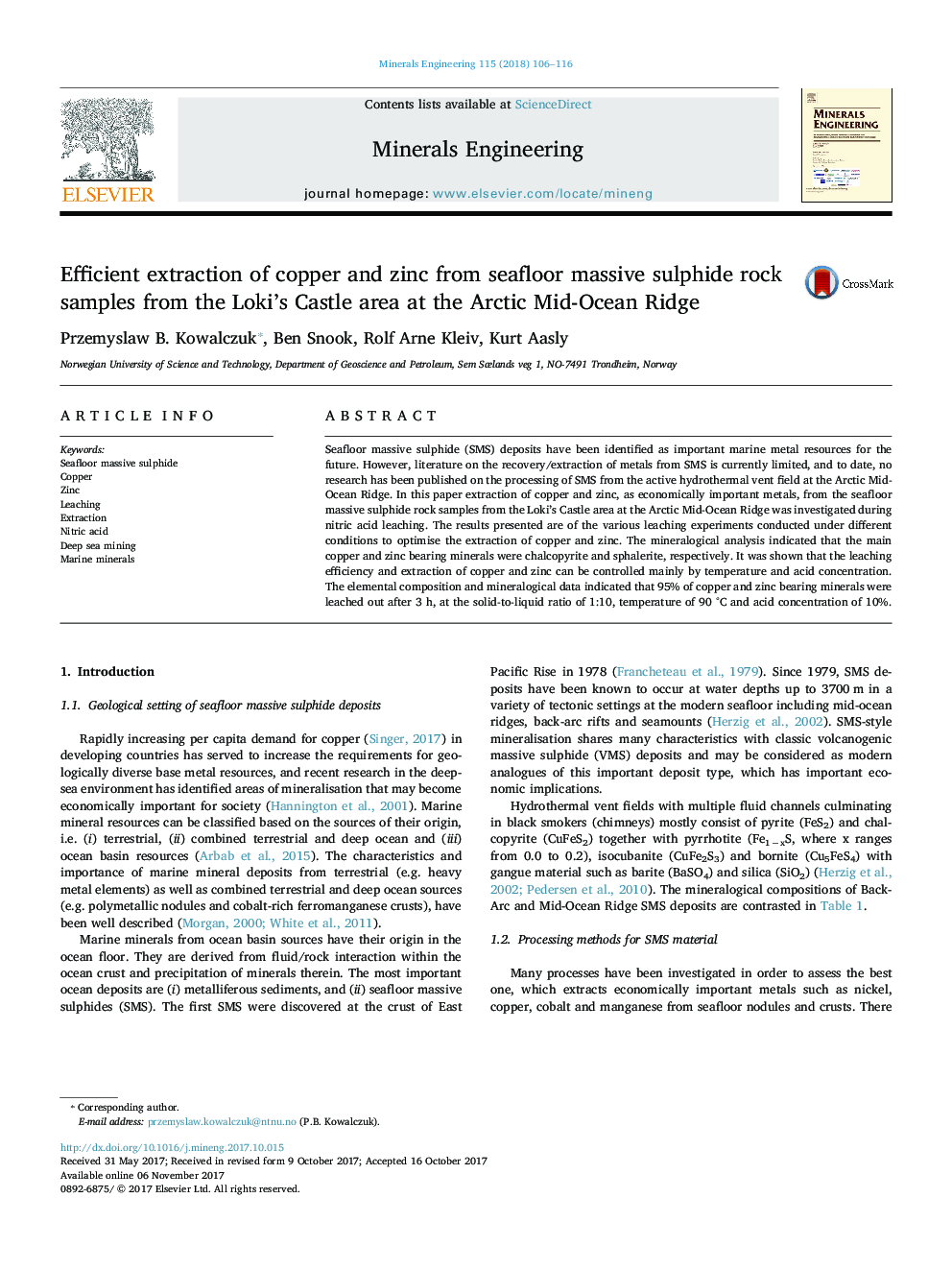 Efficient extraction of copper and zinc from seafloor massive sulphide rock samples from the Loki's Castle area at the Arctic Mid-Ocean Ridge