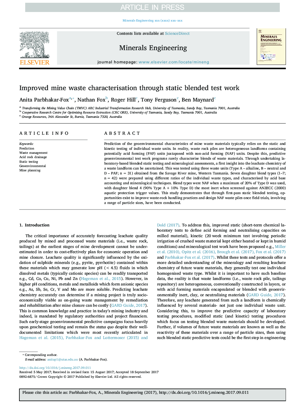 Improved mine waste characterisation through static blended test work