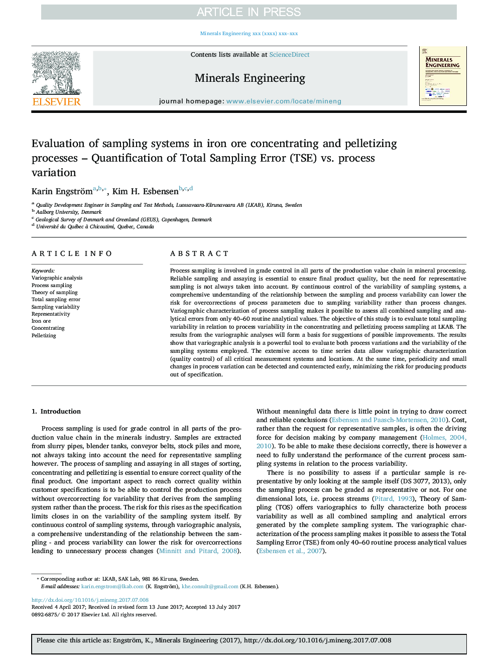 Evaluation of sampling systems in iron ore concentrating and pelletizing processes - Quantification of Total Sampling Error (TSE) vs. process variation