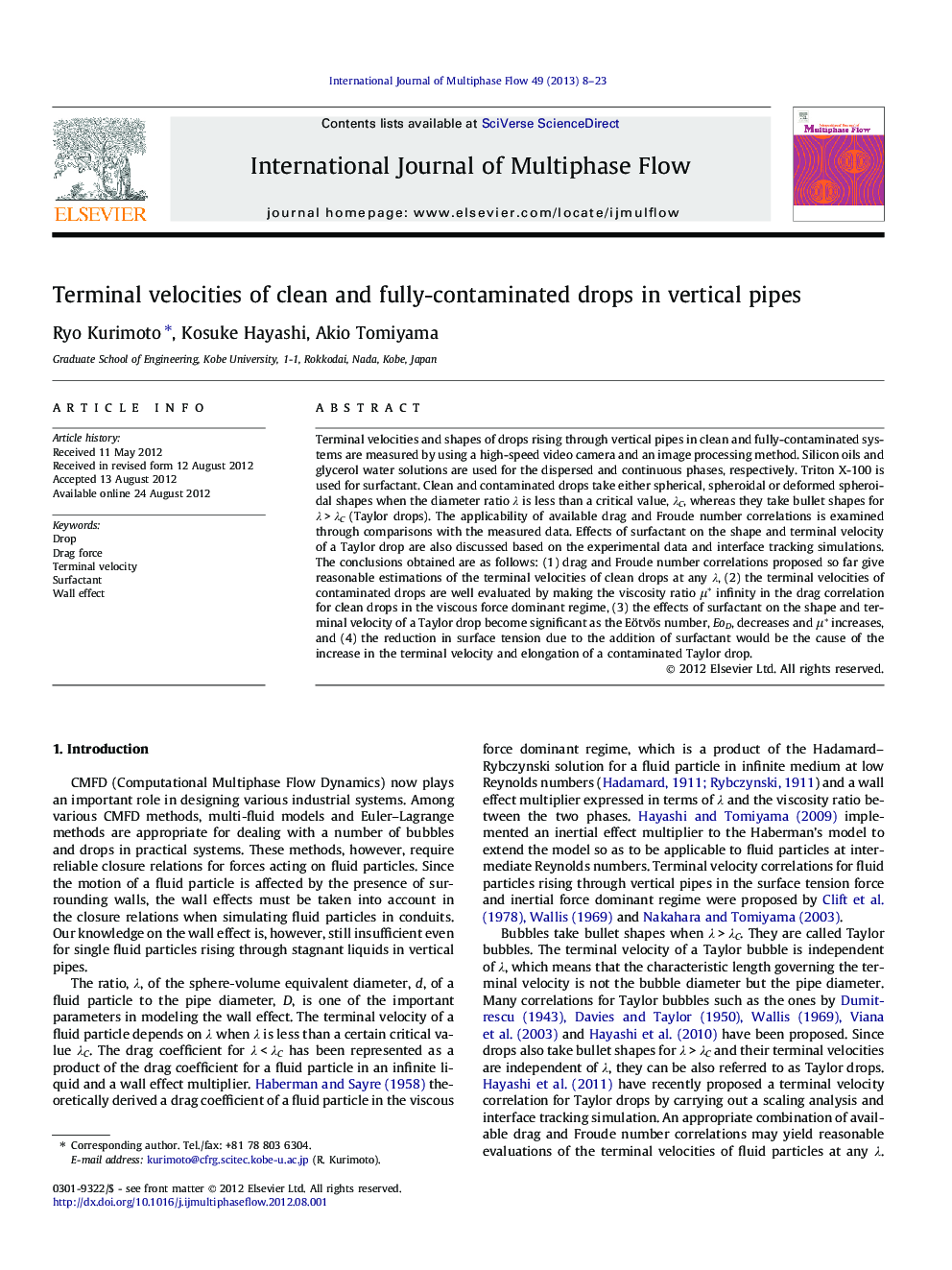 Terminal velocities of clean and fully-contaminated drops in vertical pipes