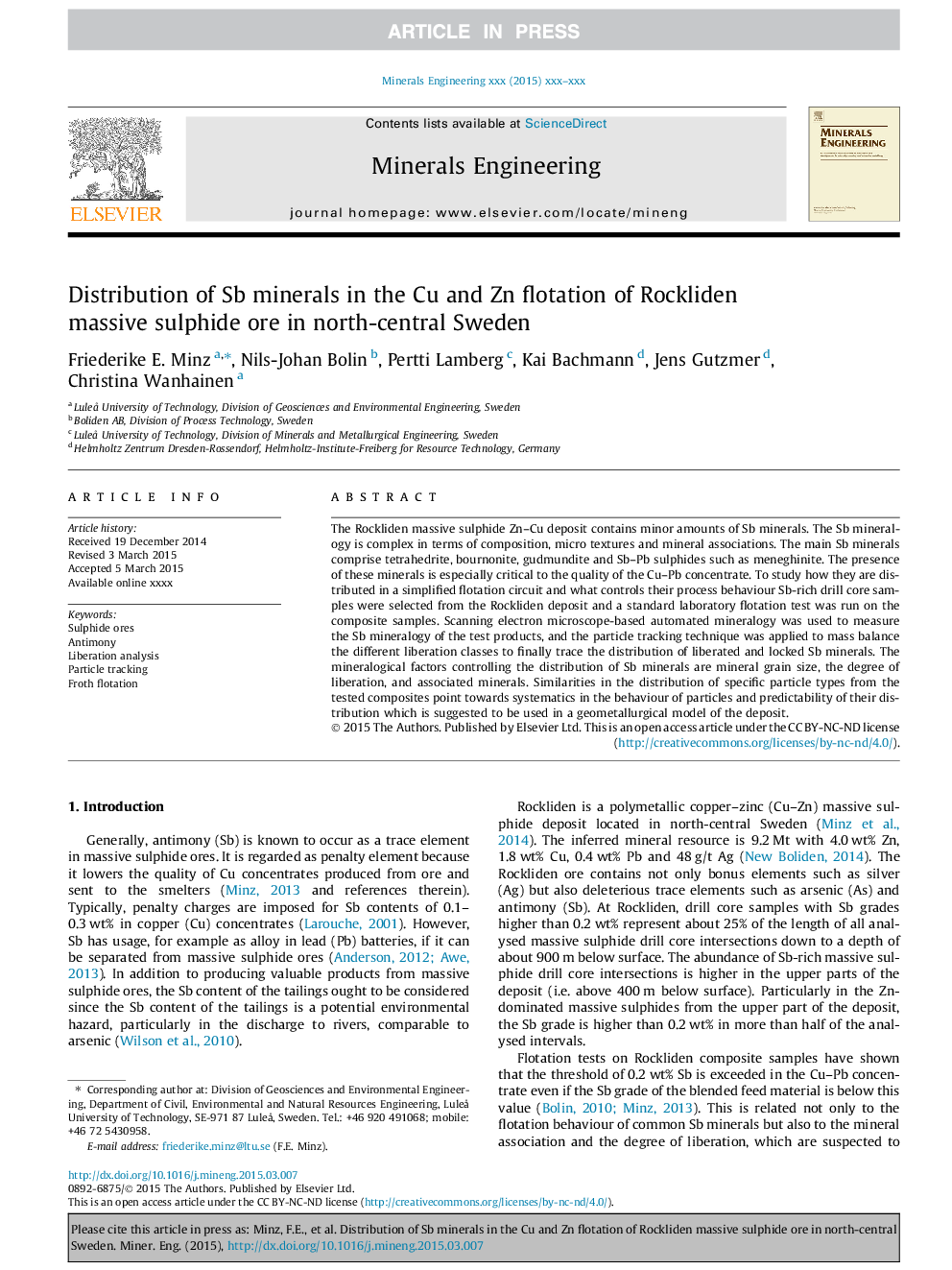 Distribution of Sb minerals in the Cu and Zn flotation of Rockliden massive sulphide ore in north-central Sweden