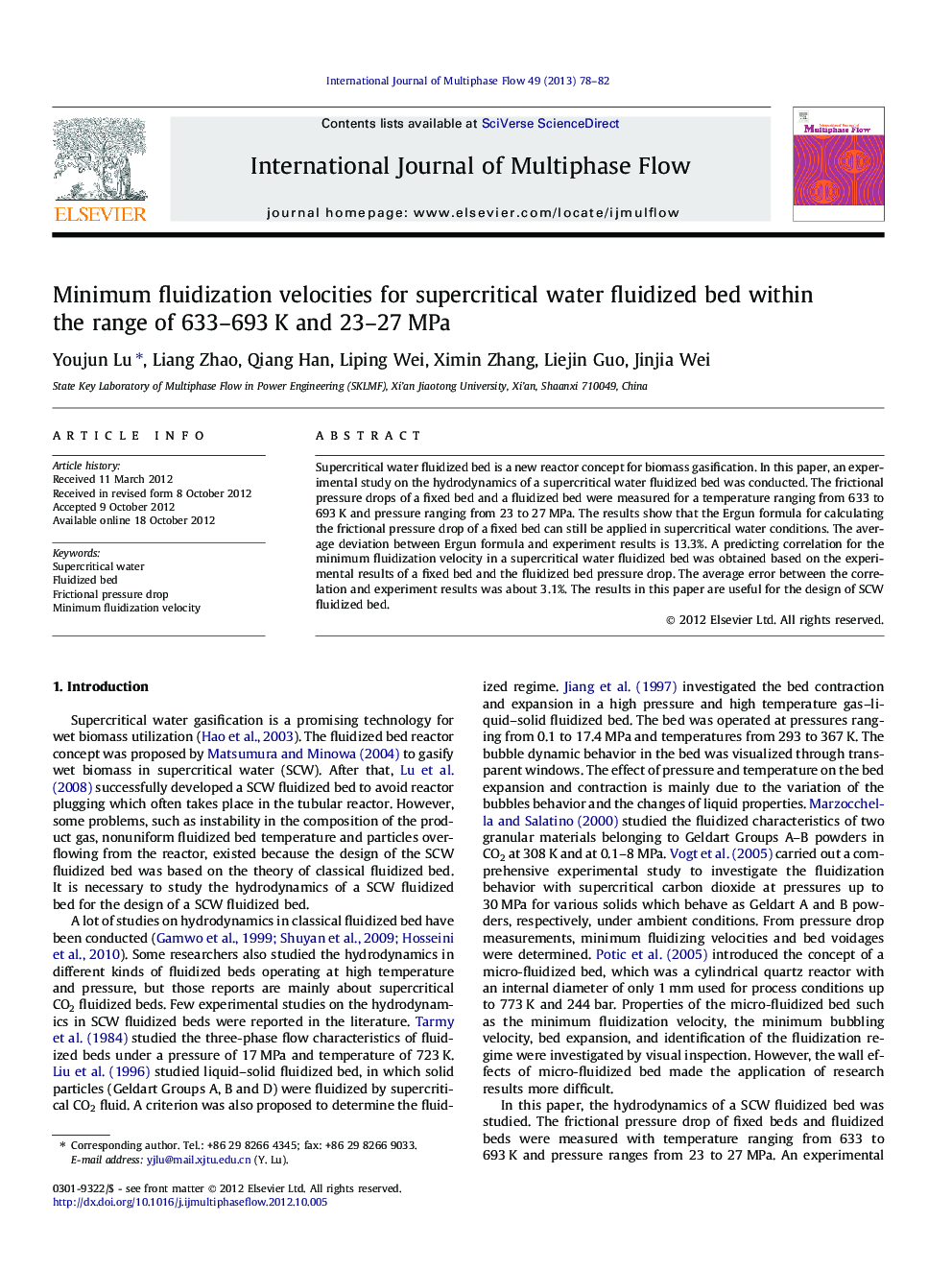 Minimum fluidization velocities for supercritical water fluidized bed within the range of 633-693Â K and 23-27Â MPa