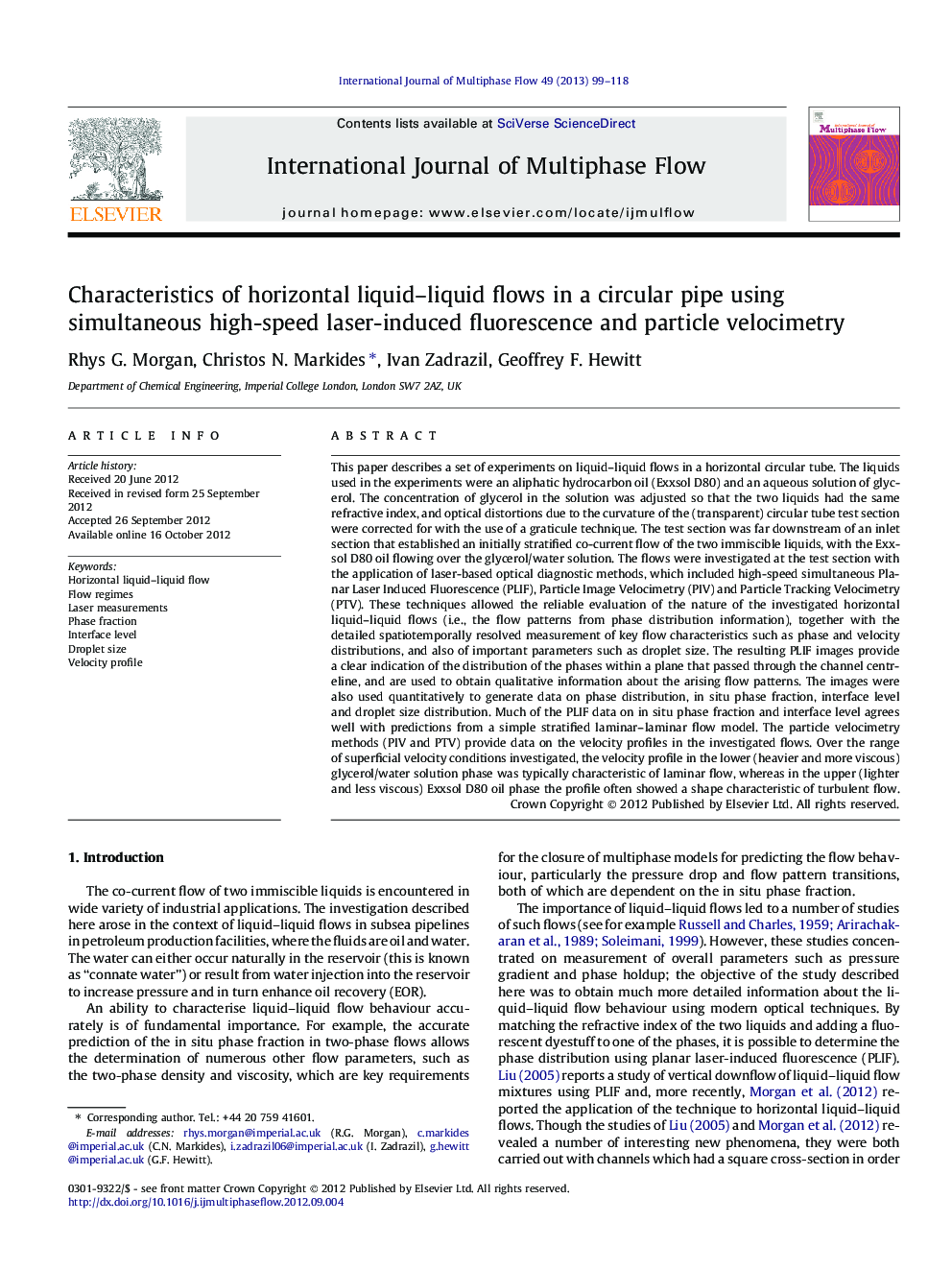 Characteristics of horizontal liquid–liquid flows in a circular pipe using simultaneous high-speed laser-induced fluorescence and particle velocimetry