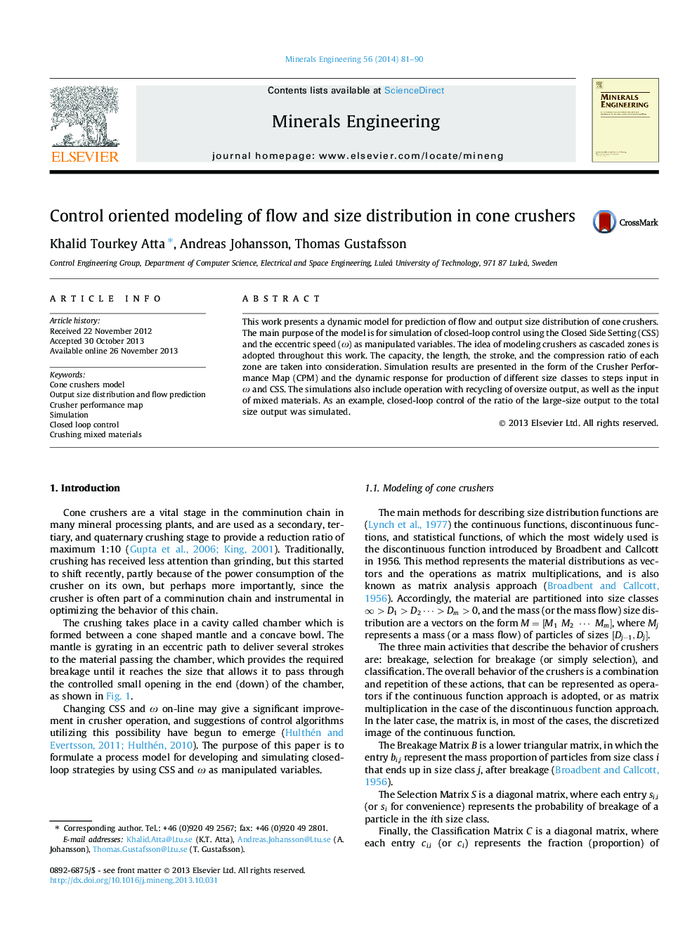 Control oriented modeling of flow and size distribution in cone crushers