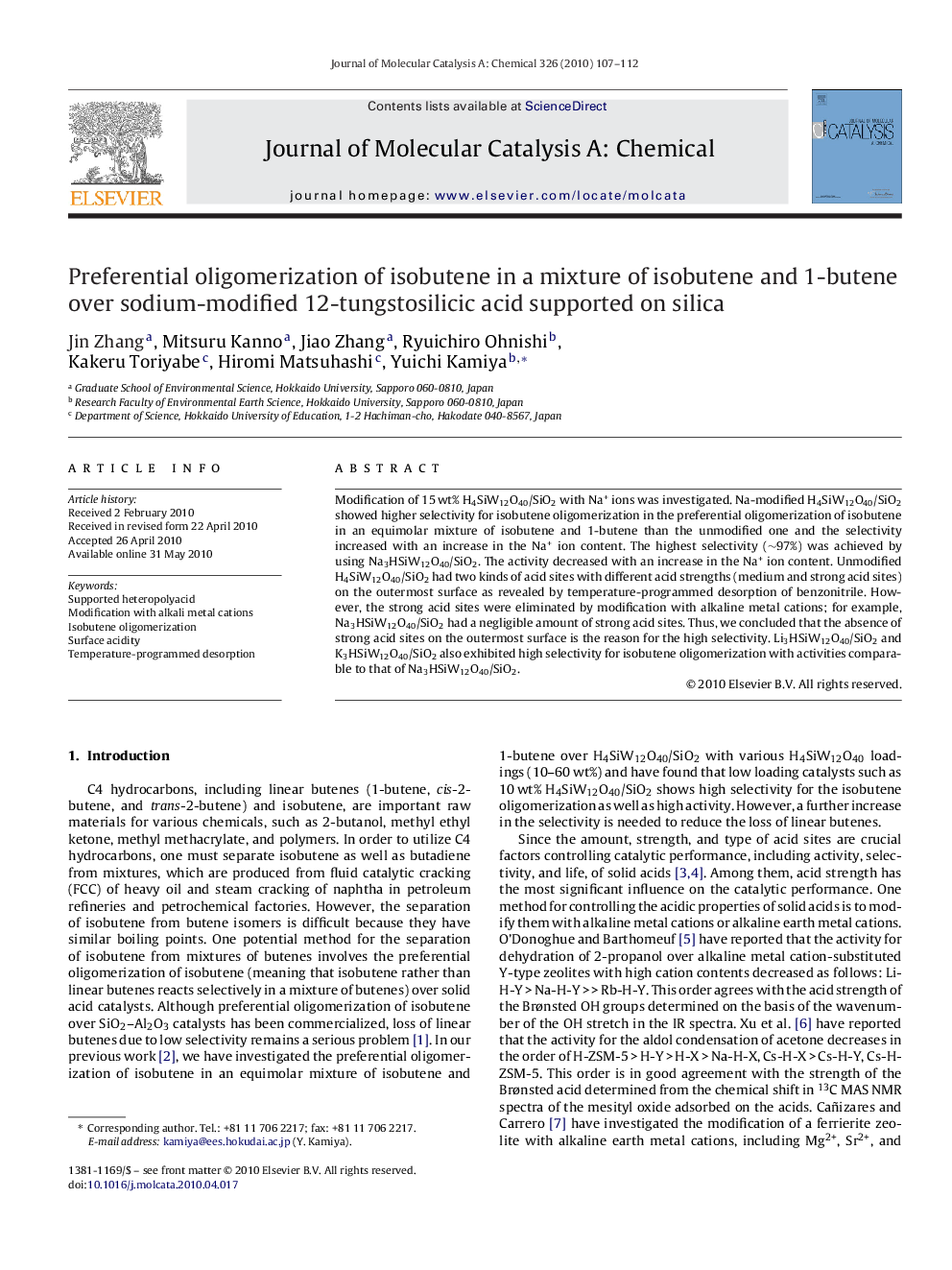 Preferential oligomerization of isobutene in a mixture of isobutene and 1-butene over sodium-modified 12-tungstosilicic acid supported on silica