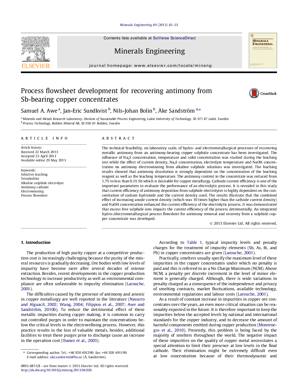 Process flowsheet development for recovering antimony from Sb-bearing copper concentrates