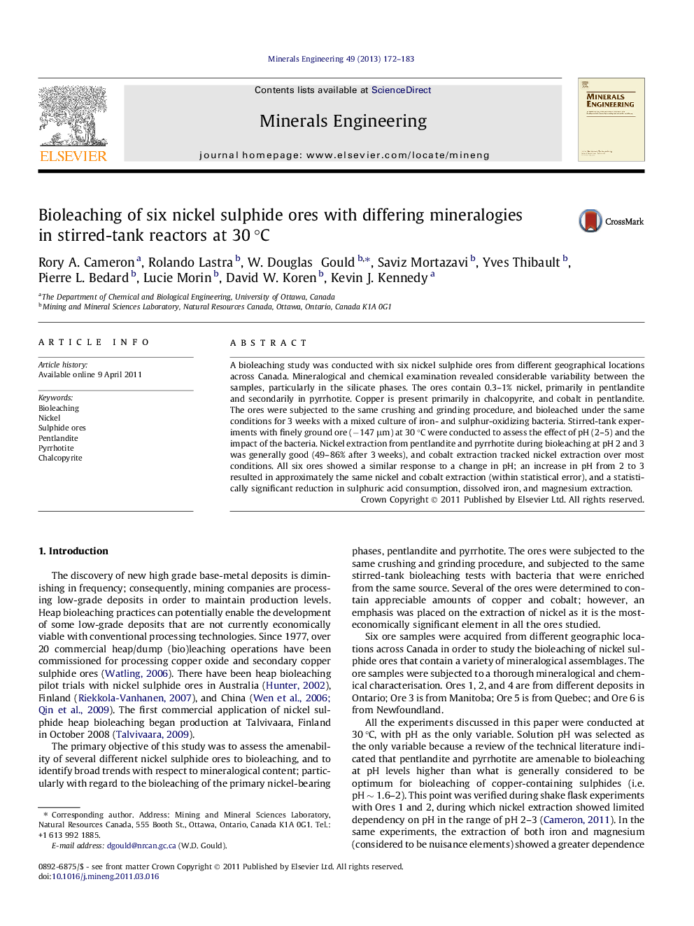 Bioleaching of six nickel sulphide ores with differing mineralogies in stirred-tank reactors at 30Â Â°C