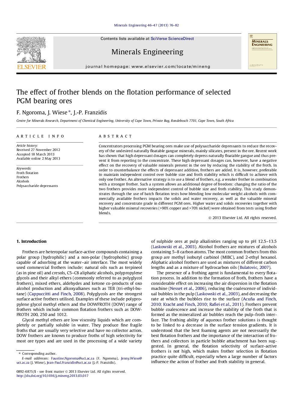 The effect of frother blends on the flotation performance of selected PGM bearing ores