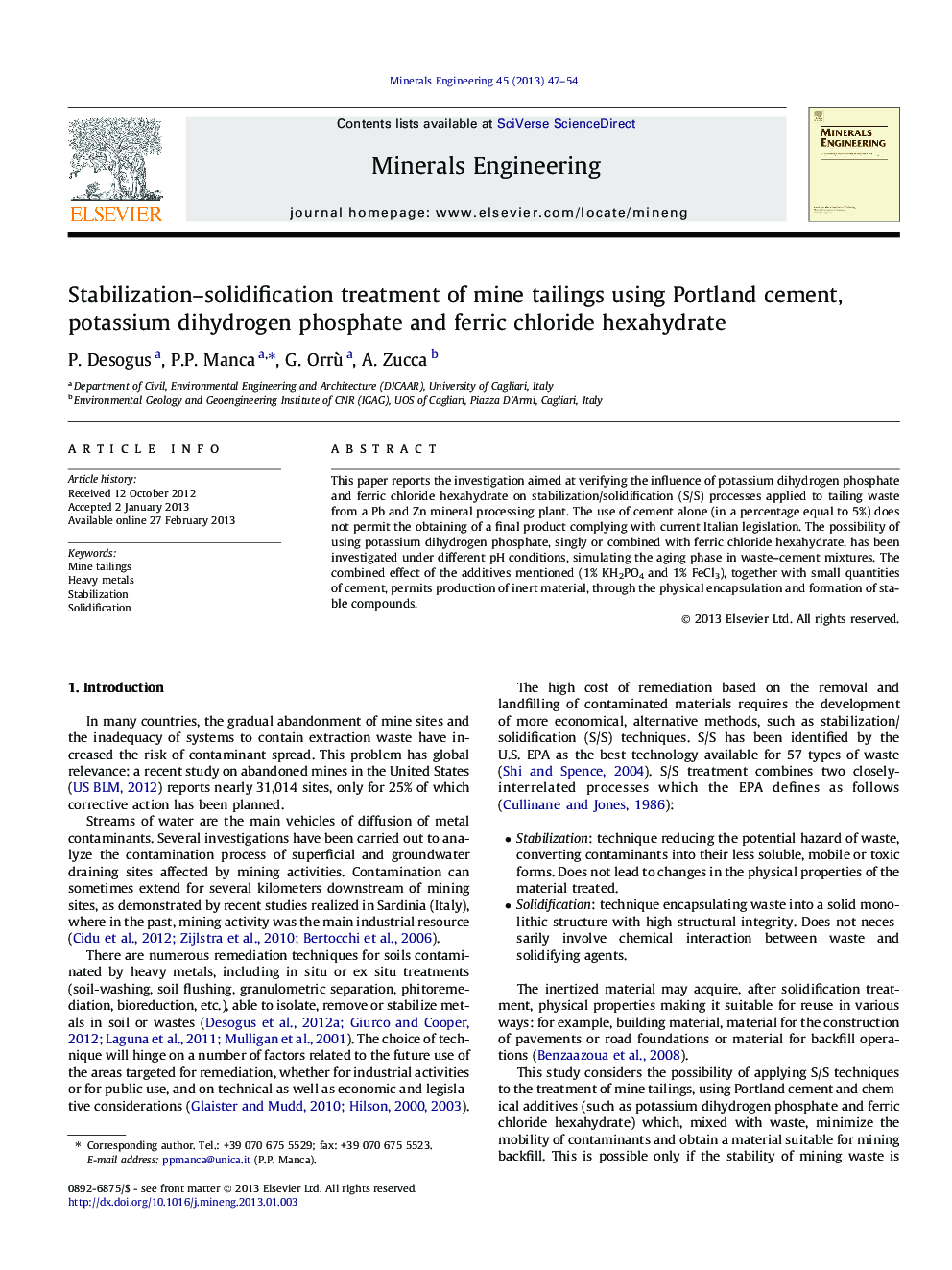 Stabilization-solidification treatment of mine tailings using Portland cement, potassium dihydrogen phosphate and ferric chloride hexahydrate