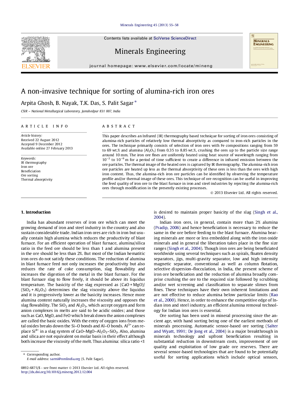 A non-invasive technique for sorting of alumina-rich iron ores