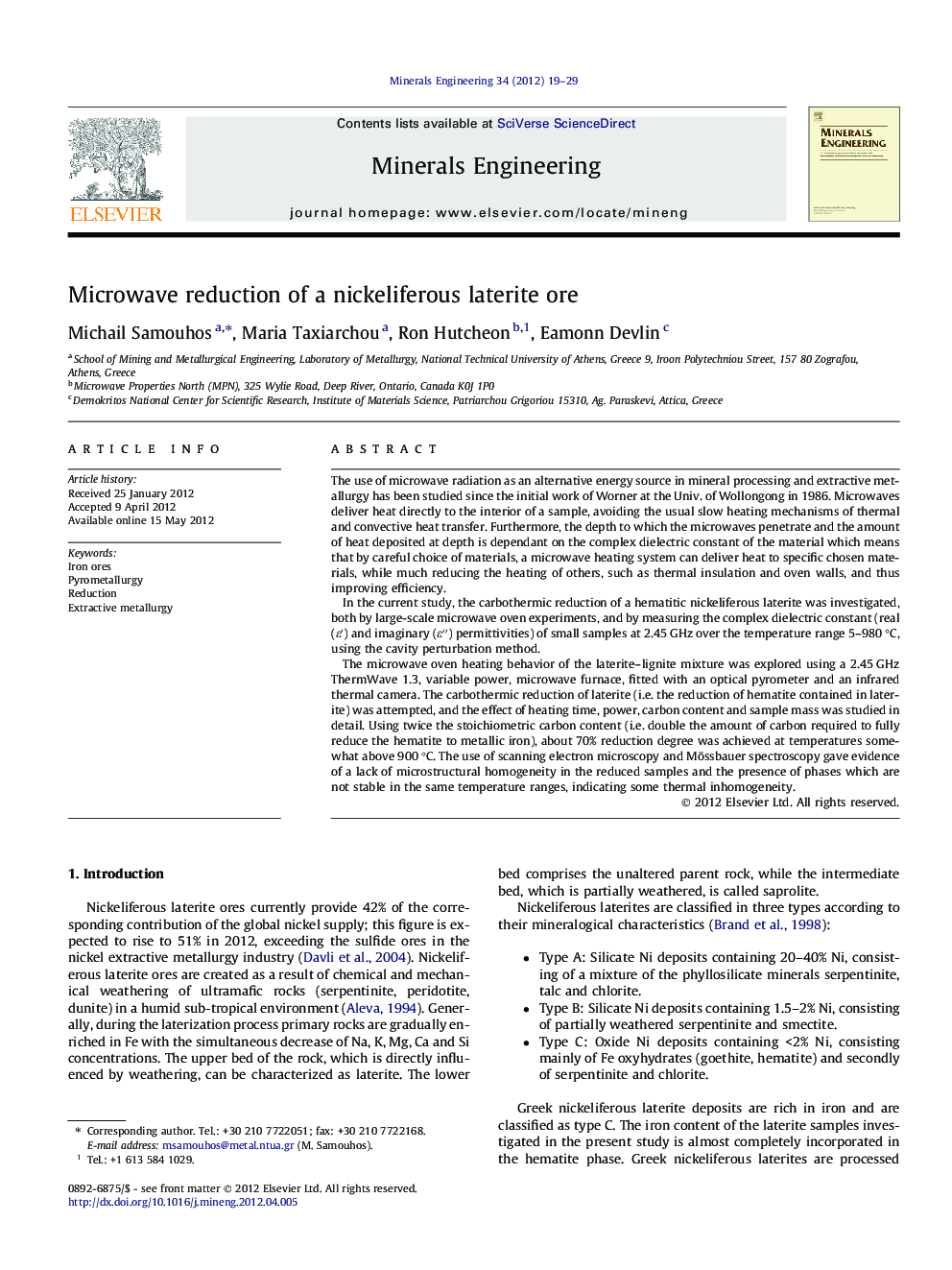 Microwave reduction of a nickeliferous laterite ore