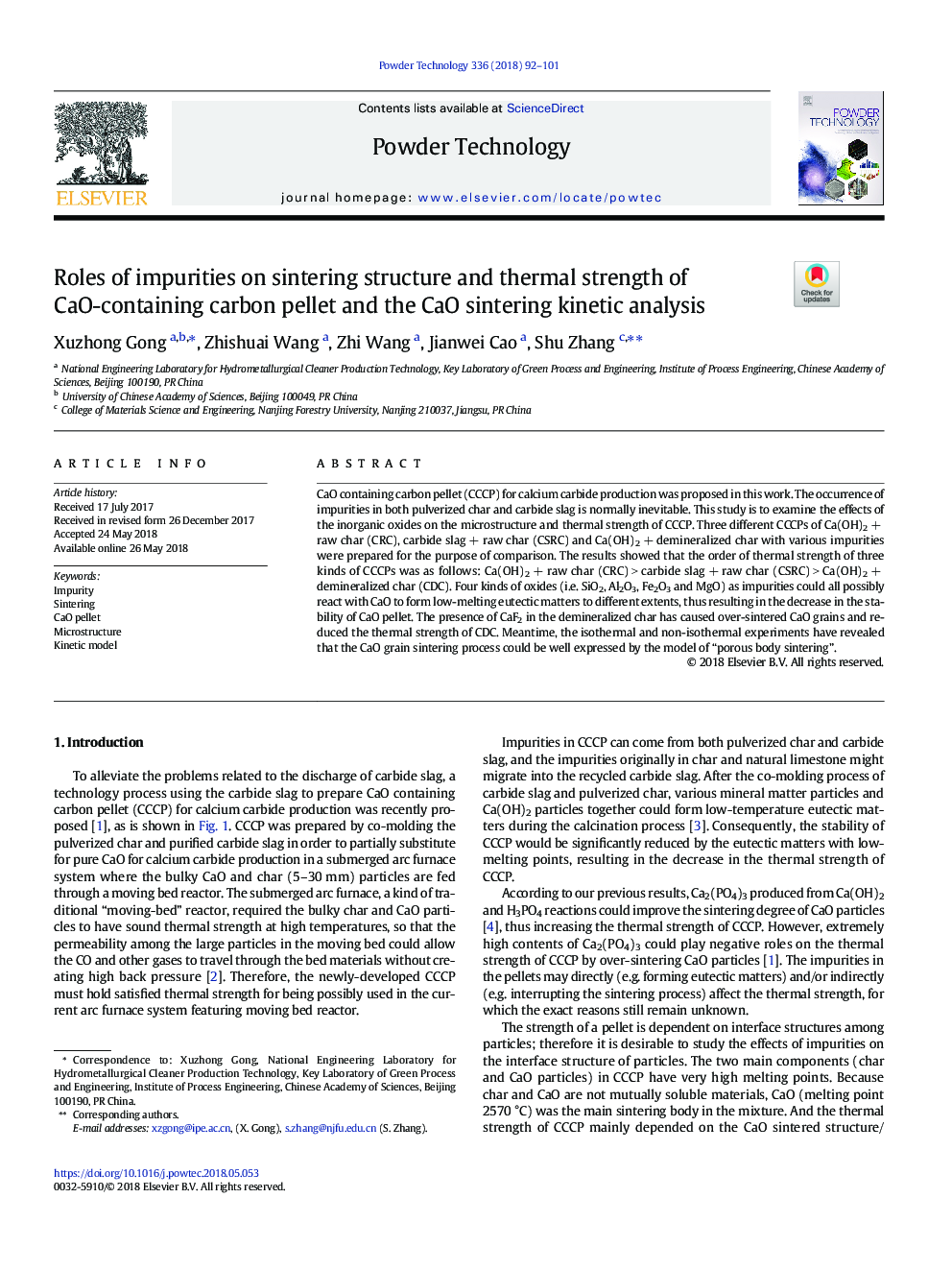 Roles of impurities on sintering structure and thermal strength of CaO-containing carbon pellet and the CaO sintering kinetic analysis