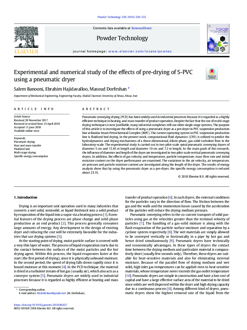 Experimental and numerical study of the effects of pre-drying of S-PVC using a pneumatic dryer