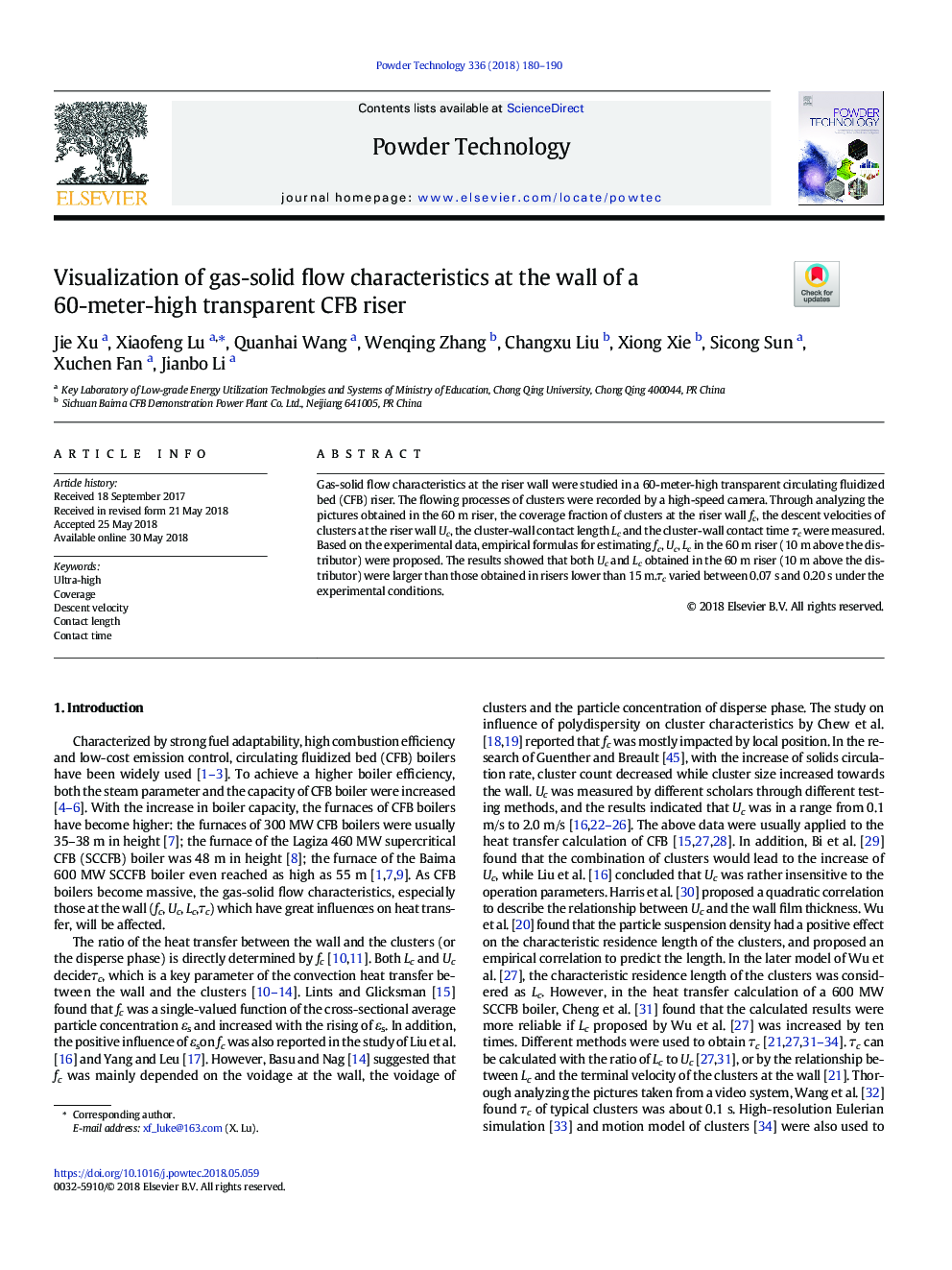 Visualization of gas-solid flow characteristics at the wall of a 60-meter-high transparent CFB riser