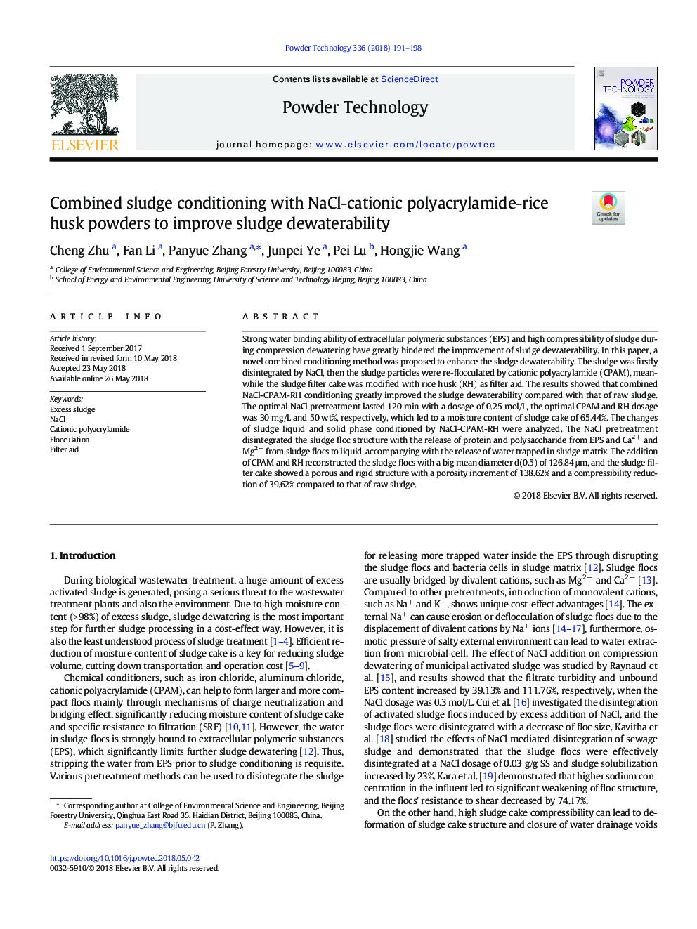 Combined sludge conditioning with NaCl-cationic polyacrylamide-rice husk powders to improve sludge dewaterability