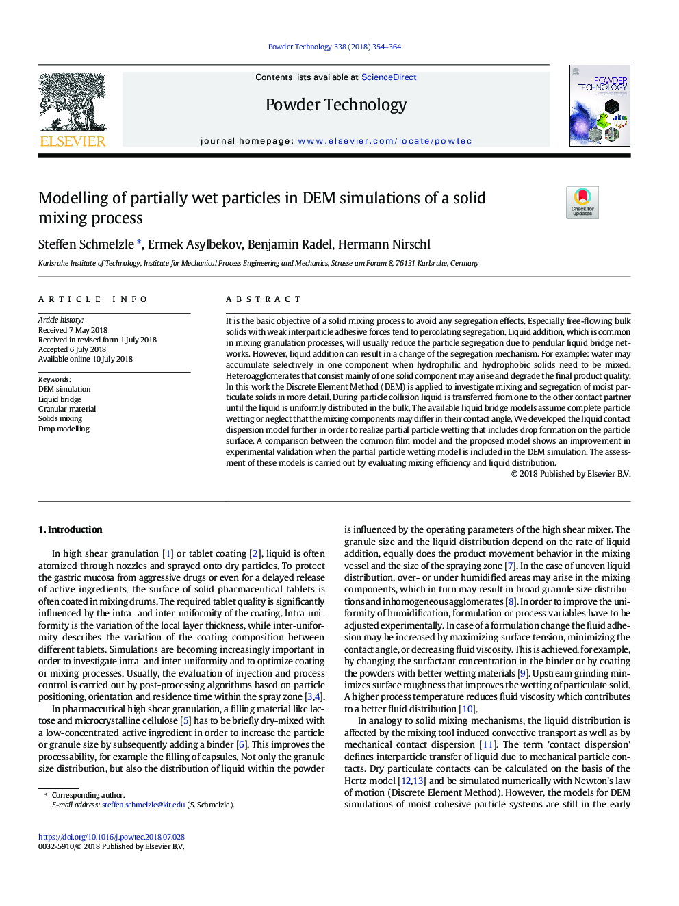 عکس صفحه اول مقاله: Modelling of partially wet particles in DEM simulations of a solid mixing process Modelling of partially wet particles in DEM simulations of a solid mixing process