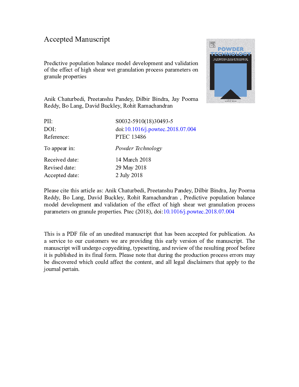 Predictive population balance model development and validation of the effect of high shear wet granulation process parameters on granule properties