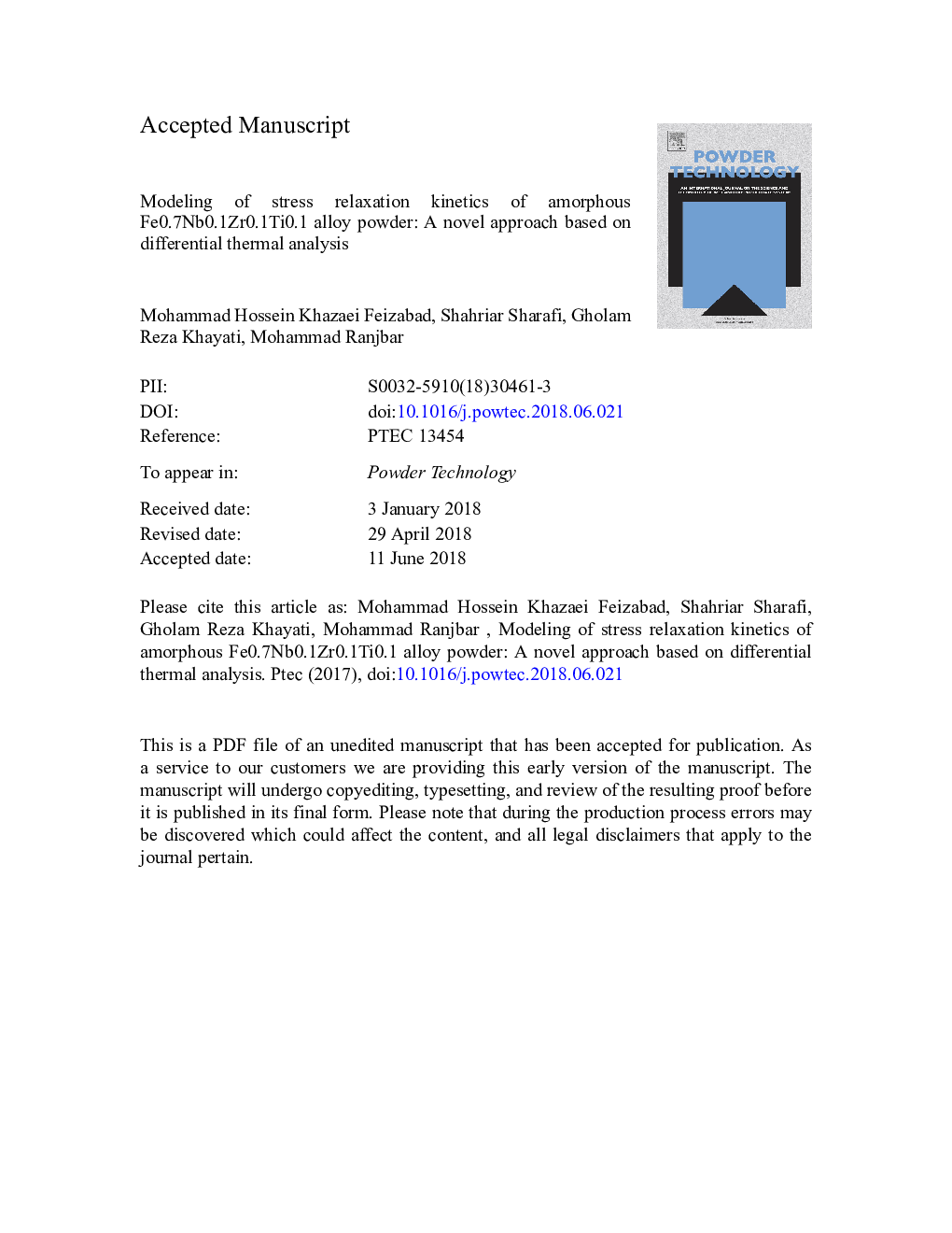 Modeling of stress relaxation kinetics of amorphous Fe0.7Nb0.1Zr0.1Ti0.1 alloy powder: A novel approach based on differential thermal analysis