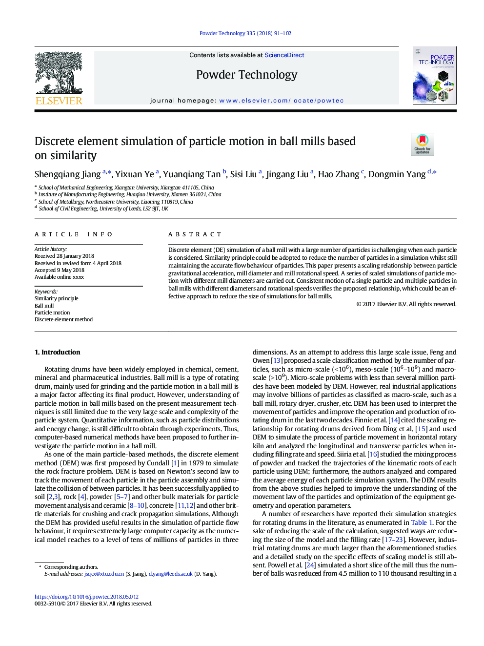 Discrete element simulation of particle motion in ball mills based on similarity