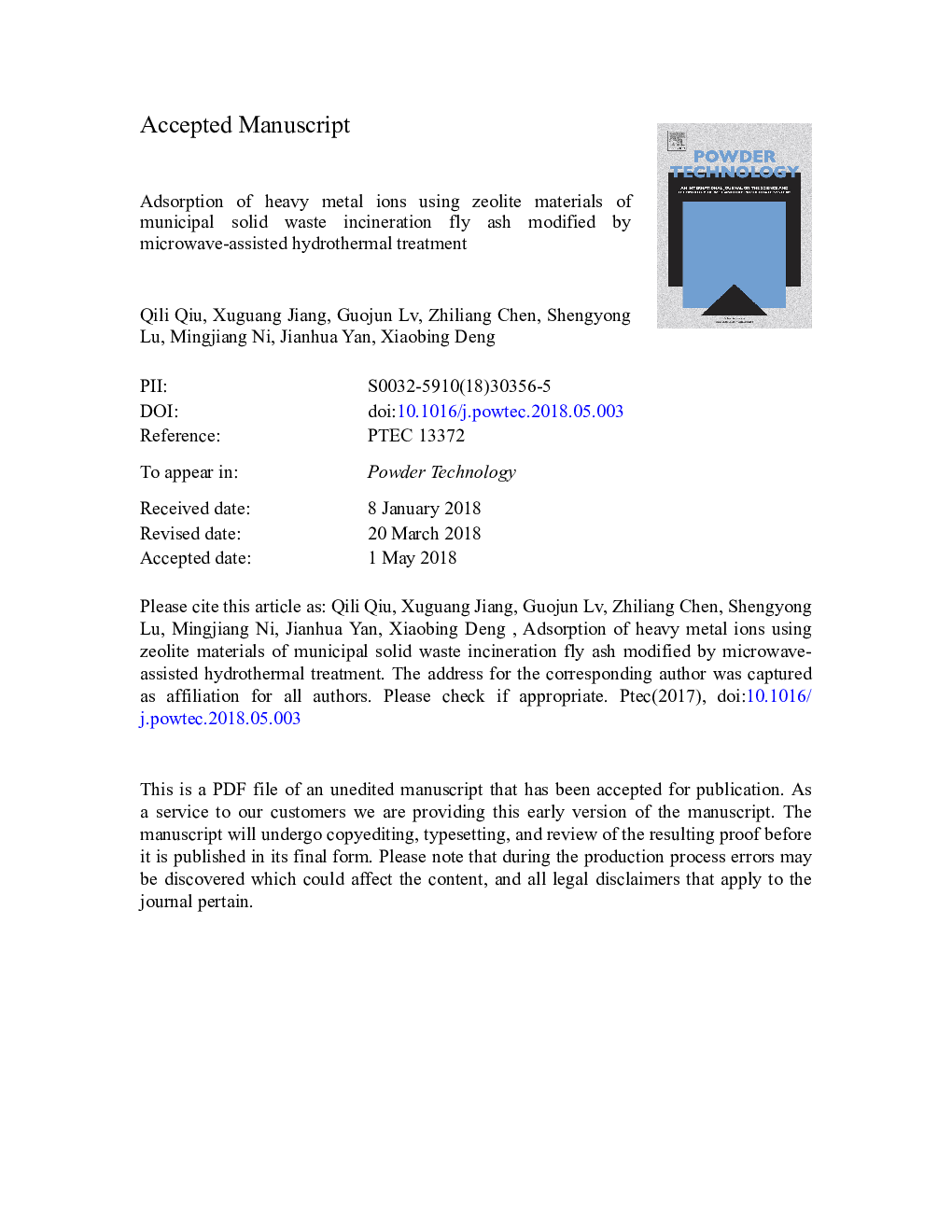 Adsorption of heavy metal ions using zeolite materials of municipal solid waste incineration fly ash modified by microwave-assisted hydrothermal treatment