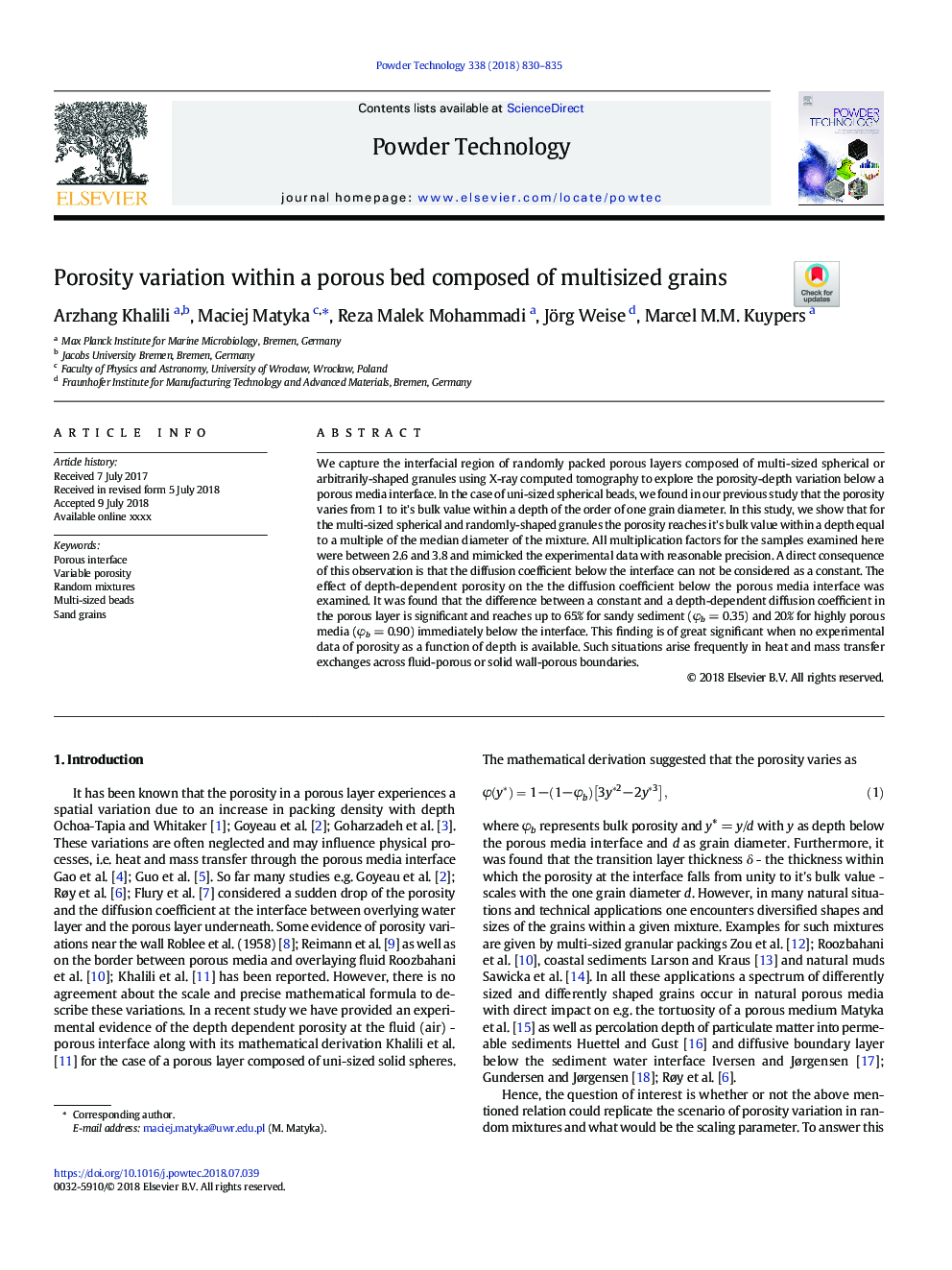 Porosity variation within a porous bed composed of multisized grains