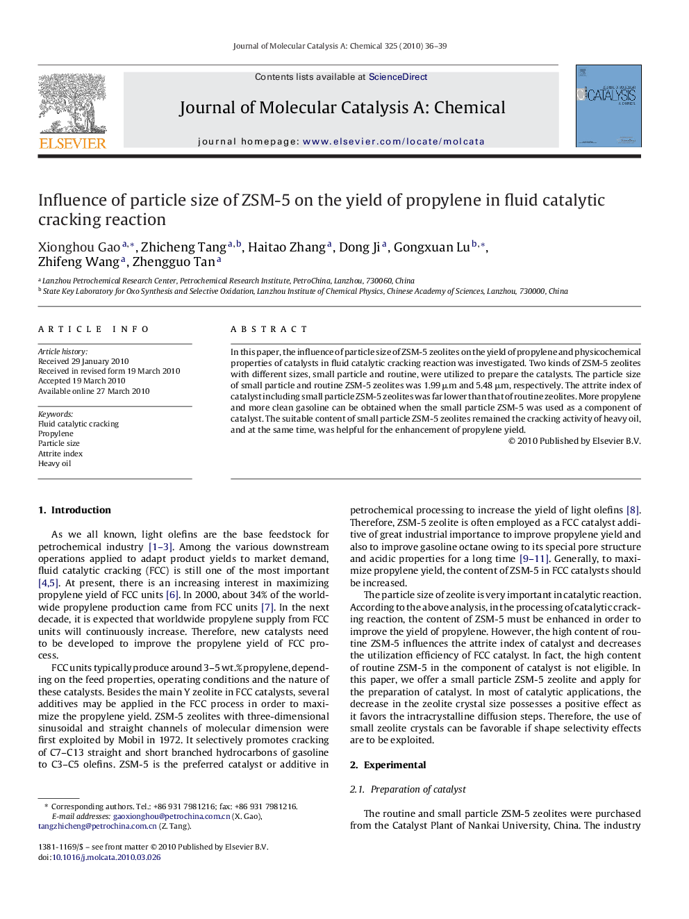 عکس صفحه اول مقاله: Influence of particle size of ZSM-5 on the yield of propylene in fluid catalytic cracking reaction Influence of particle size of ZSM-5 on the yield of propylene in fluid catalytic cracking reaction