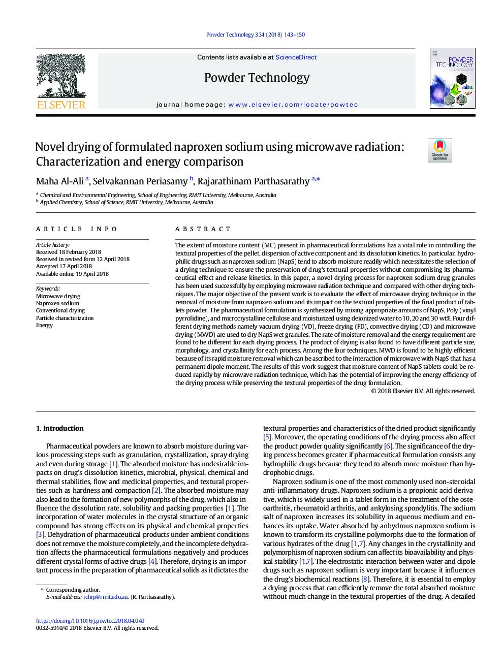 Novel drying of formulated naproxen sodium using microwave radiation: Characterization and energy comparison