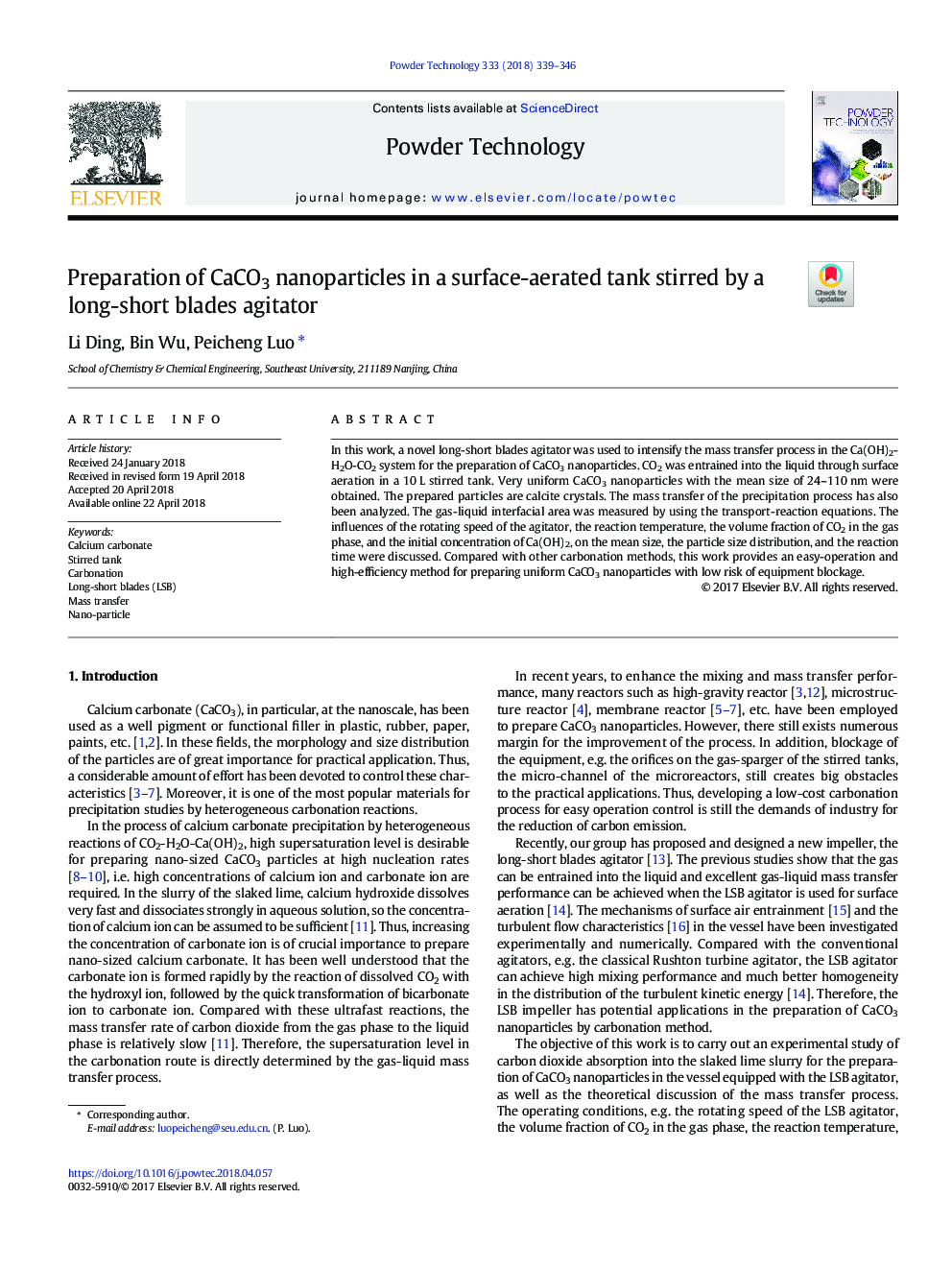 Preparation of CaCO3 nanoparticles in a surface-aerated tank stirred by a long-short blades agitator