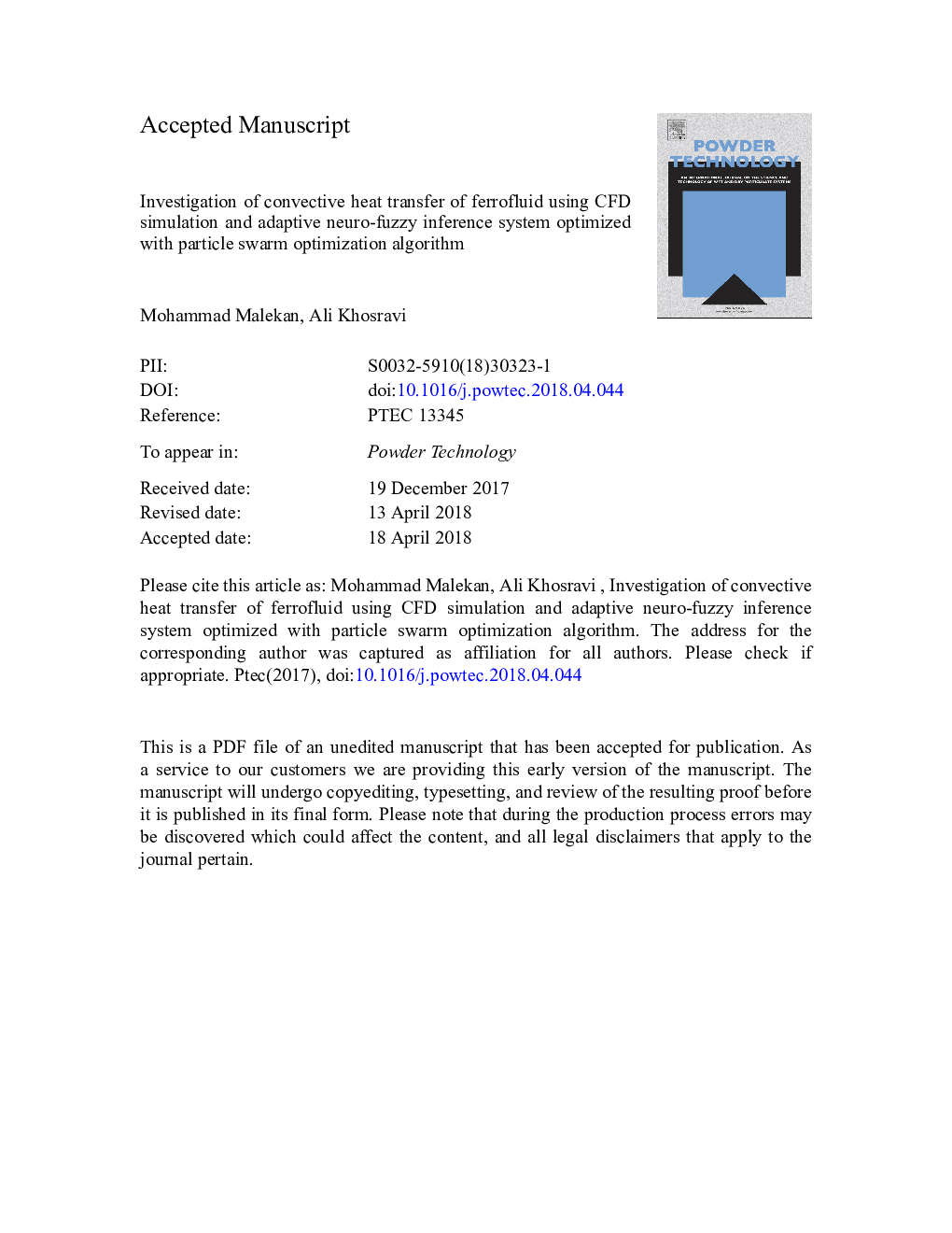 Investigation of convective heat transfer of ferrofluid using CFD simulation and adaptive neuro-fuzzy inference system optimized with particle swarm optimization algorithm