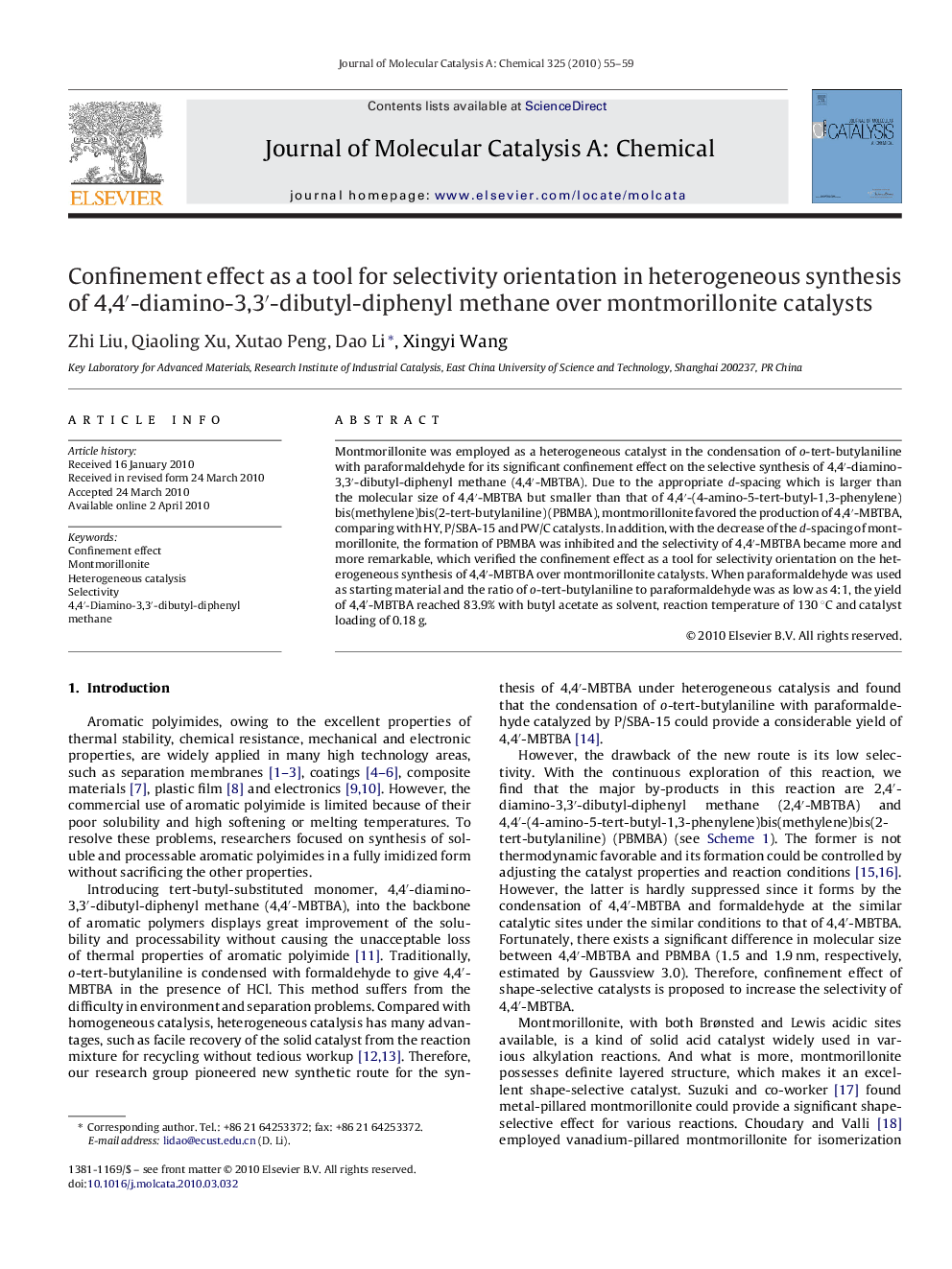 عکس صفحه اول مقاله: Confinement effect as a tool for selectivity orientation in heterogeneous synthesis of 4,4â²-diamino-3,3â²-dibutyl-diphenyl methane over montmorillonite catalysts Confinement effect as a tool for selectivity orientation in heterogeneous synthesis of 4,4â²-diamino-3,3â²-dibutyl-diphenyl methane over montmorillonite catalysts