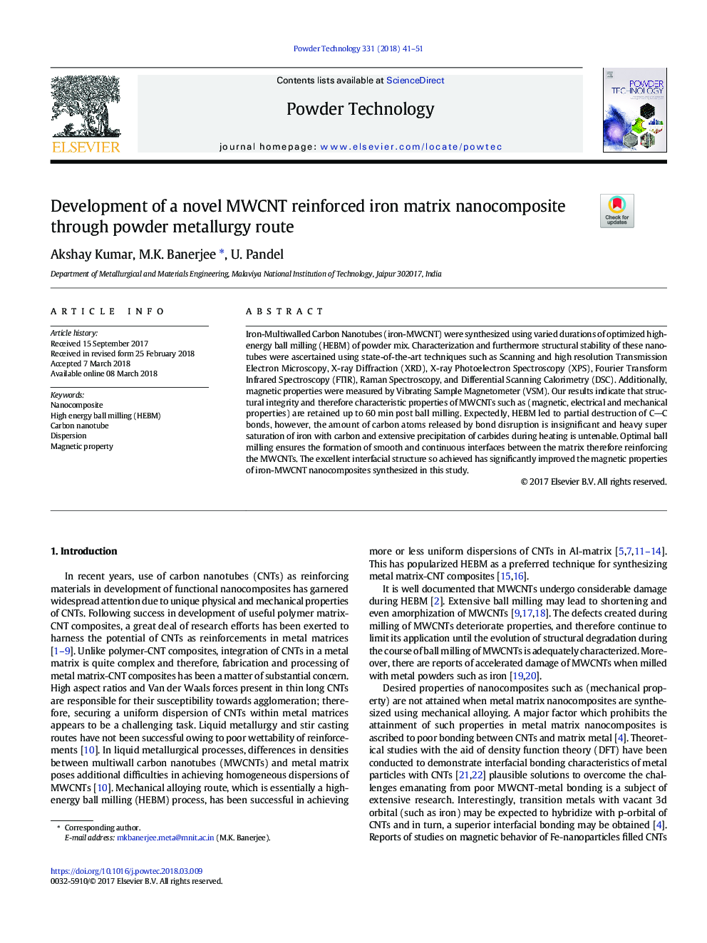 Development of a novel MWCNT reinforced iron matrix nanocomposite through powder metallurgy route