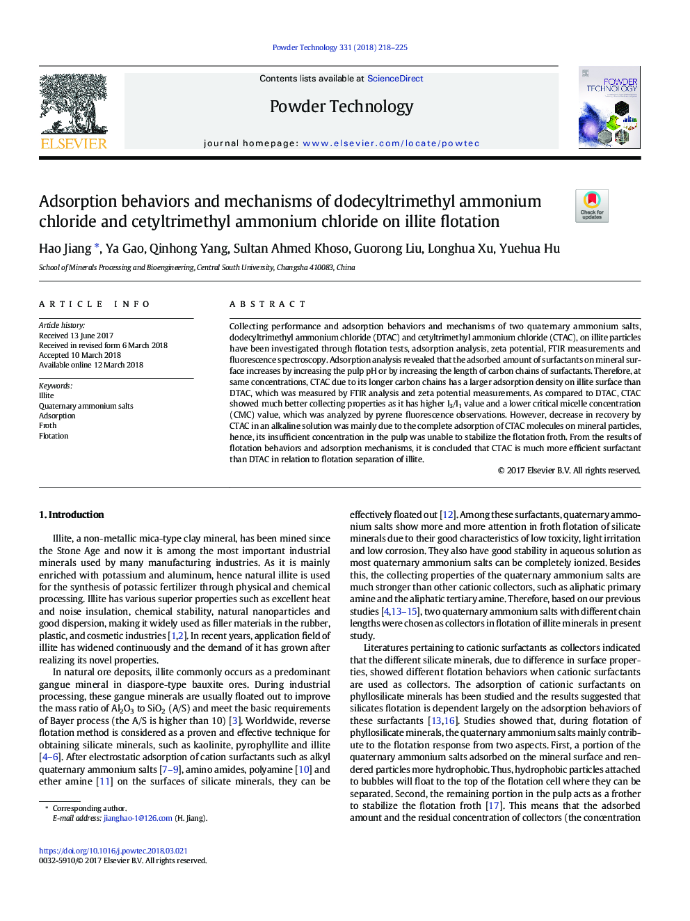 رفتارهای جذب و مکانیزم های دودکشیلتیمیل آمونیوم کلرید و استیلتریال آمونیوم کلرید در فلوتاسیون ملک 