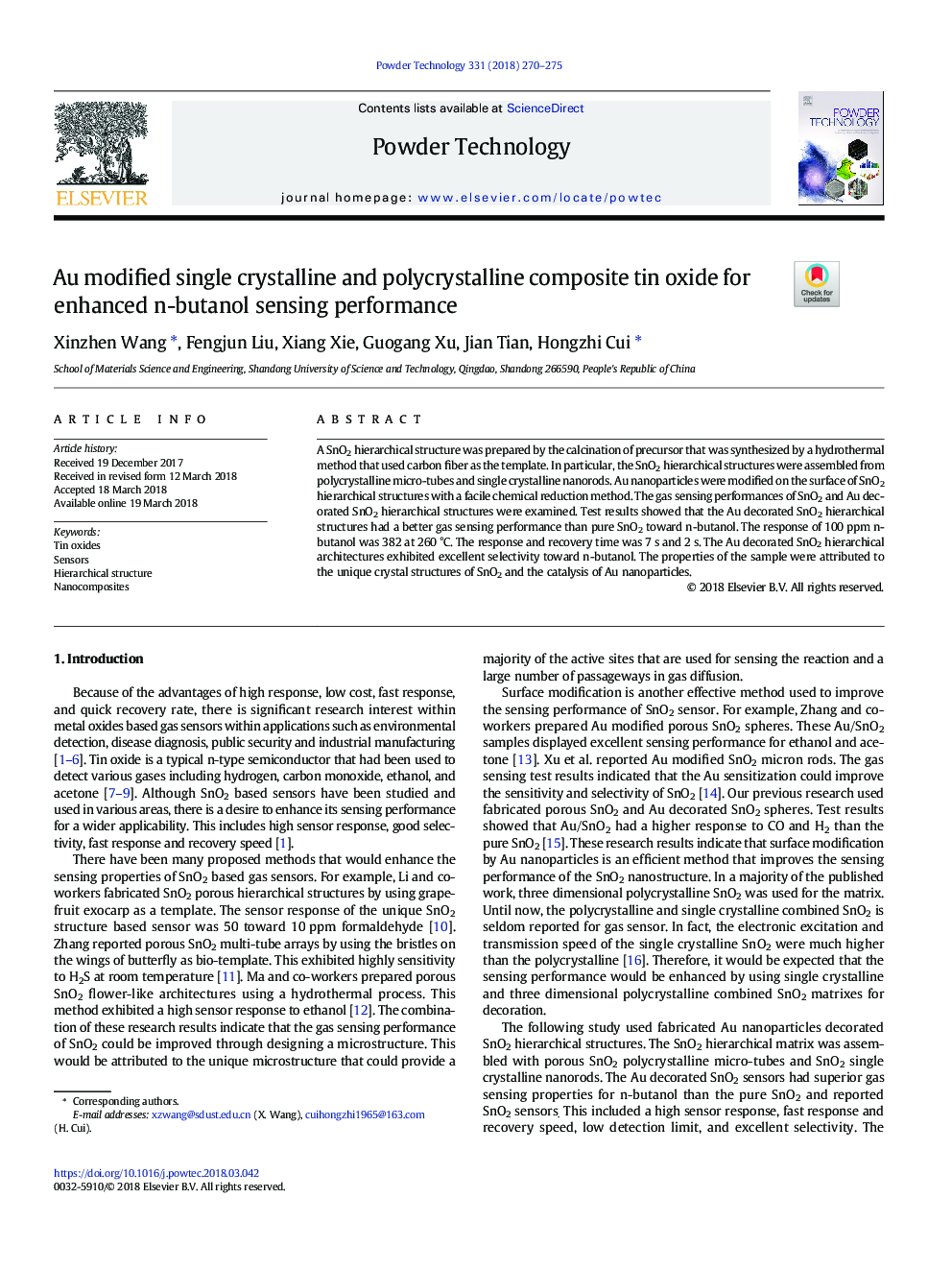 Au modified single crystalline and polycrystalline composite tin oxide for enhanced n-butanol sensing performance