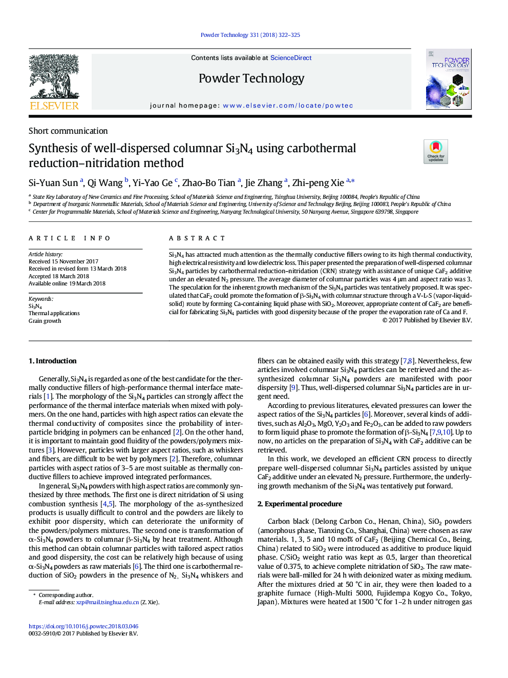 Synthesis of well-dispersed columnar Si3N4 using carbothermal reduction-nitridation method