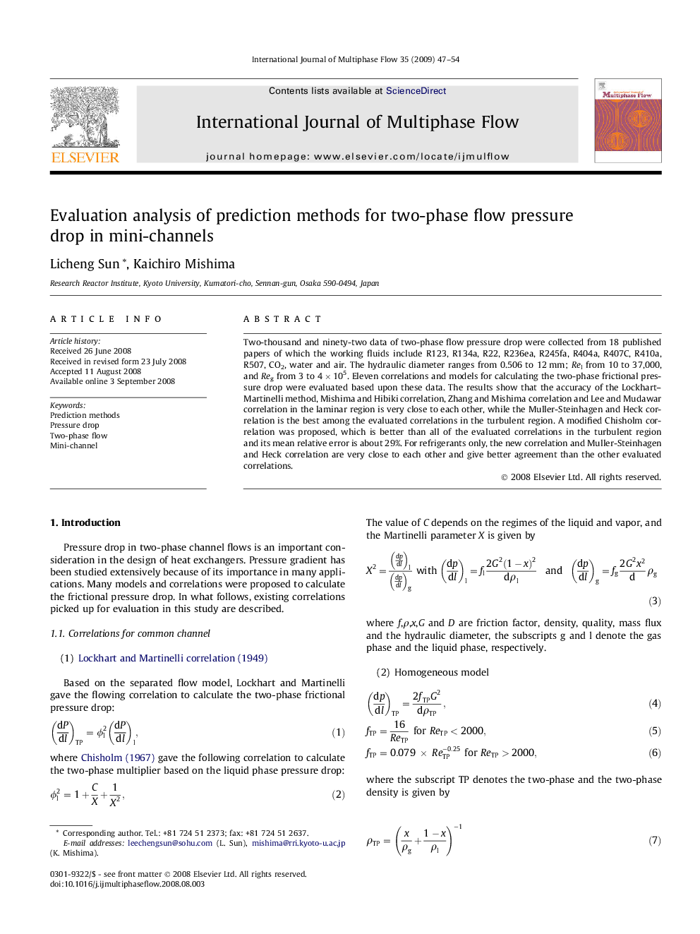 Evaluation analysis of prediction methods for two-phase flow pressure drop in mini-channels