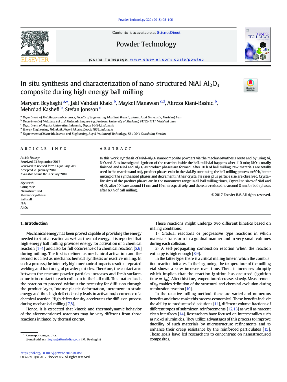 In-situ synthesis and characterization of nano-structured NiAl-Al2O3 composite during high energy ball milling