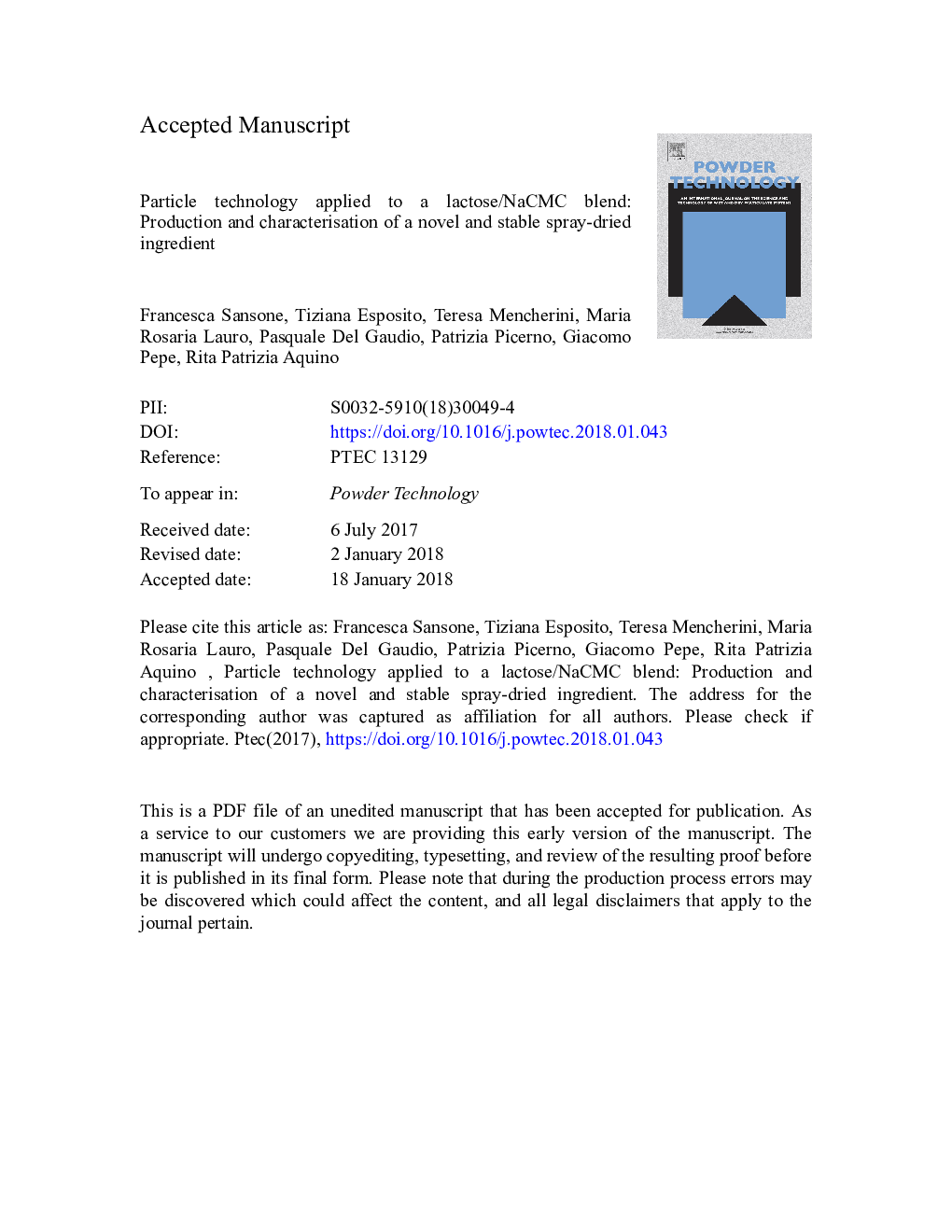 عکس صفحه اول مقاله: Particle technology applied to a lactose/NaCMC blend: Production and characterization of a novel and stable spray-dried ingredient Particle technology applied to a lactose/NaCMC blend: Production and characterization of a novel and stable spray-dried ingredient