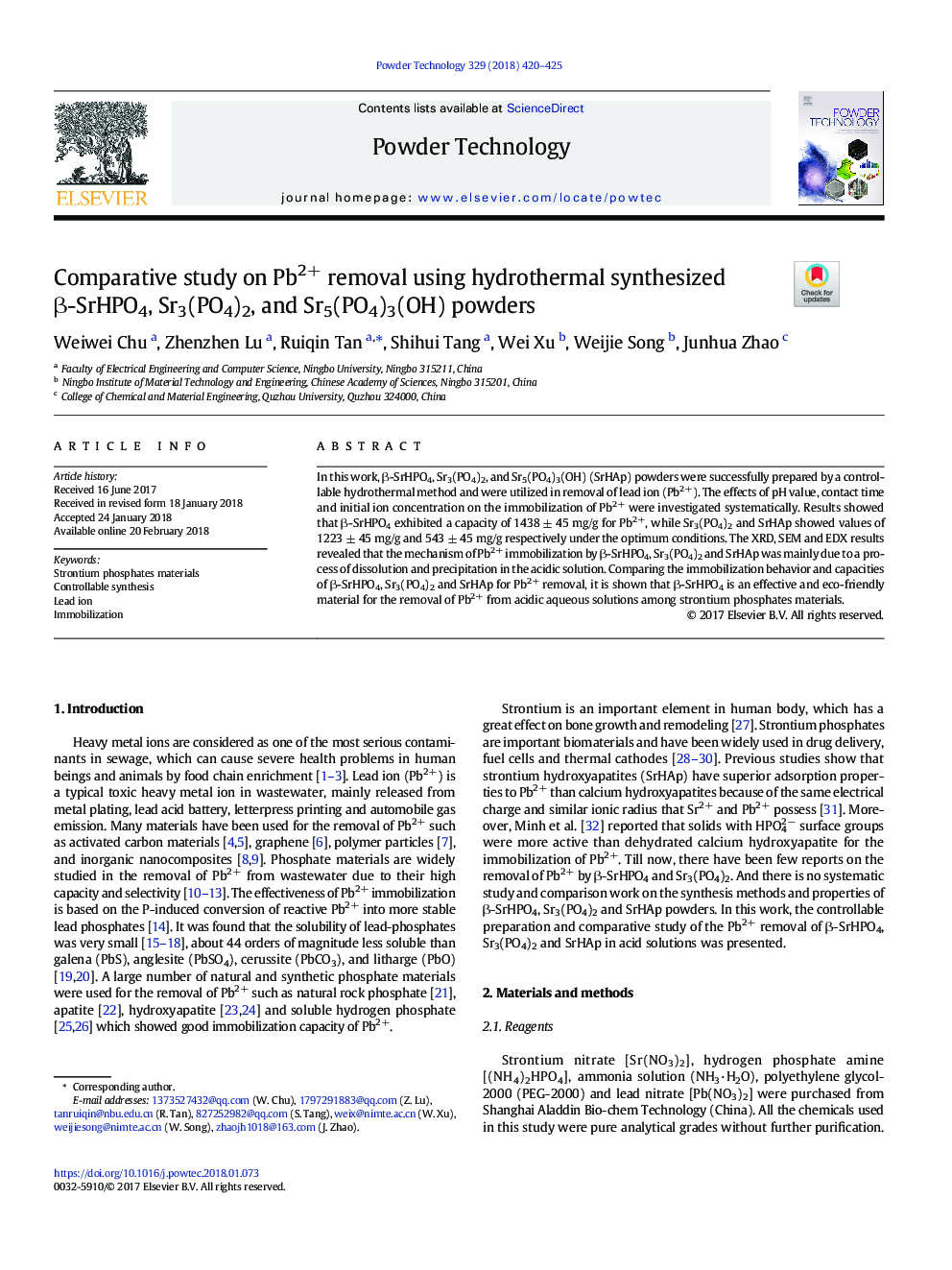 Comparative study on Pb2+ removal using hydrothermal synthesized Î²-SrHPO4, Sr3(PO4)2, and Sr5(PO4)3(OH) powders