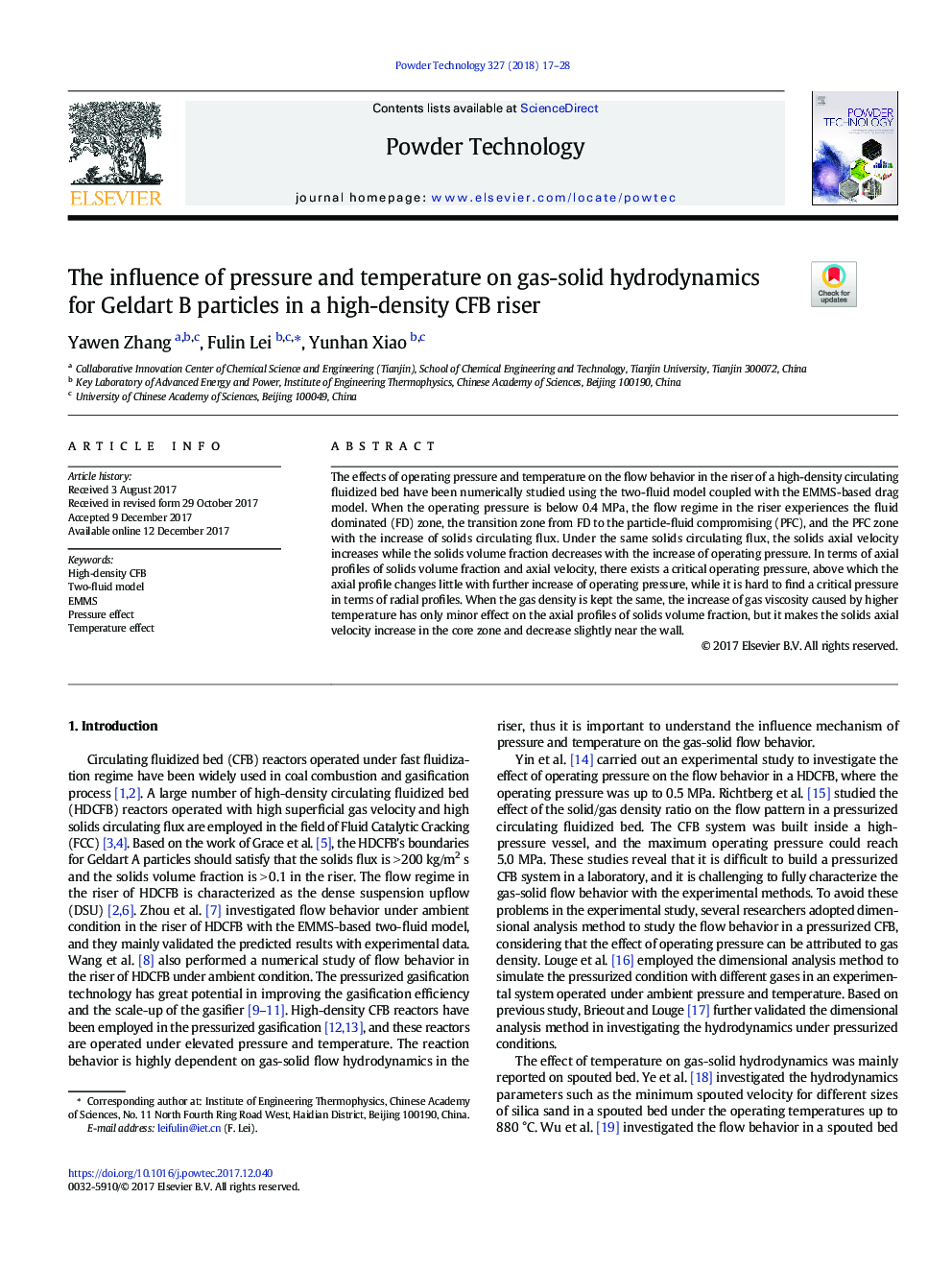 The influence of pressure and temperature on gas-solid hydrodynamics for Geldart B particles in a high-density CFB riser