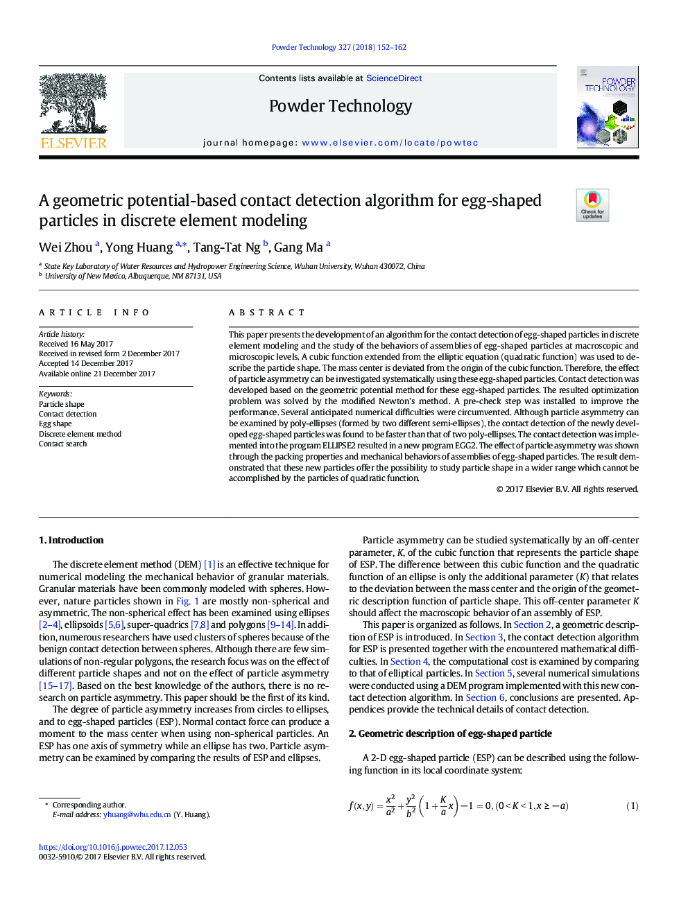 A geometric potential-based contact detection algorithm for egg-shaped particles in discrete element modeling