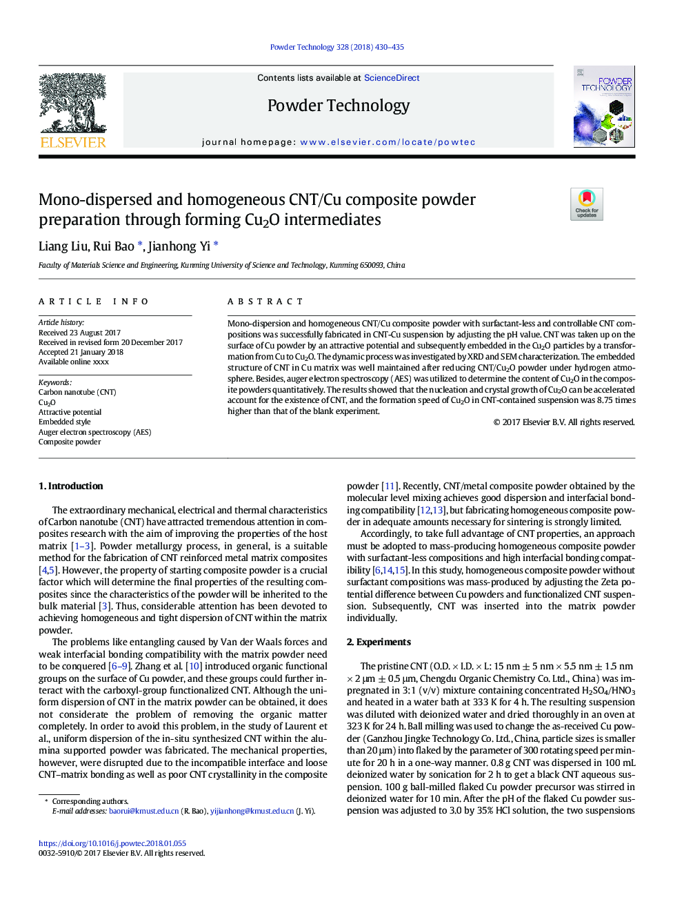 Mono-dispersed and homogeneous CNT/Cu composite powder preparation through forming Cu2O intermediates