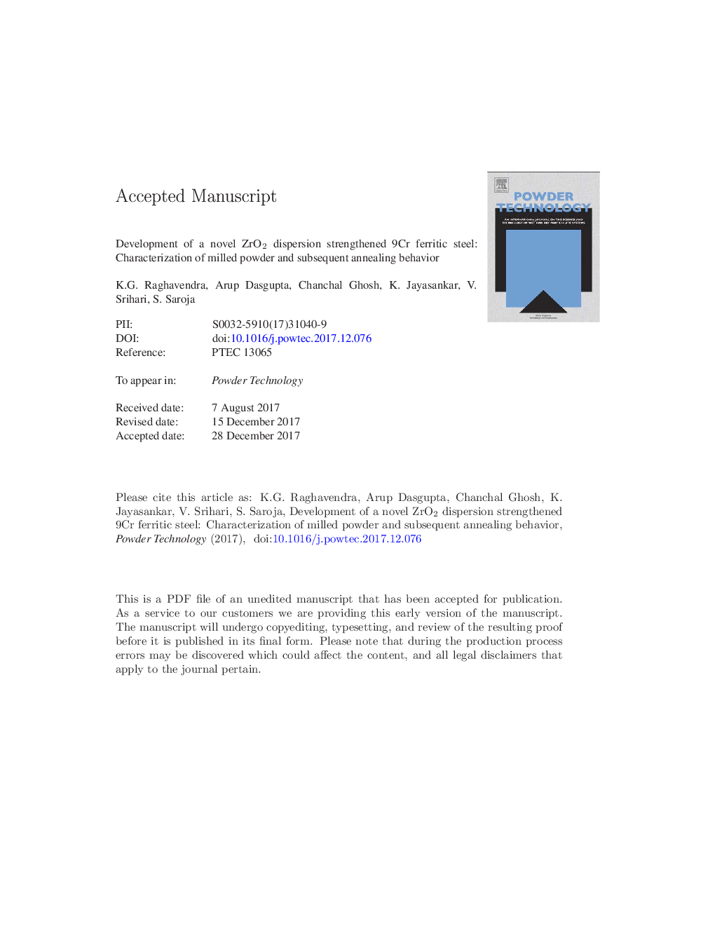 Development of a novel ZrO2 dispersion strengthened 9Cr ferritic steel: Characterization of milled powder and subsequent annealing behavior