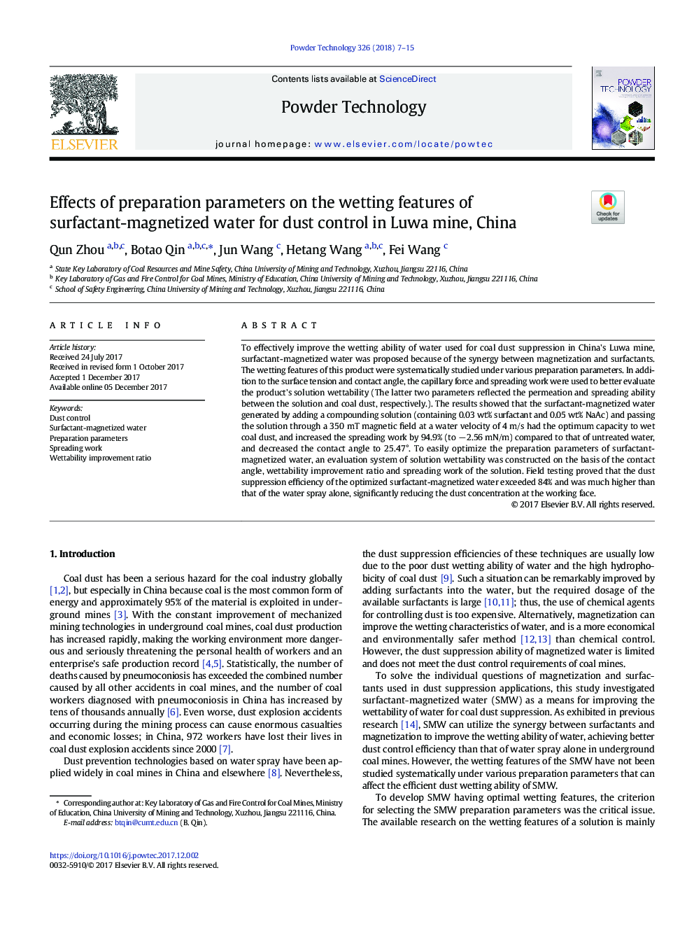 Effects of preparation parameters on the wetting features of surfactant-magnetized water for dust control in Luwa mine, China