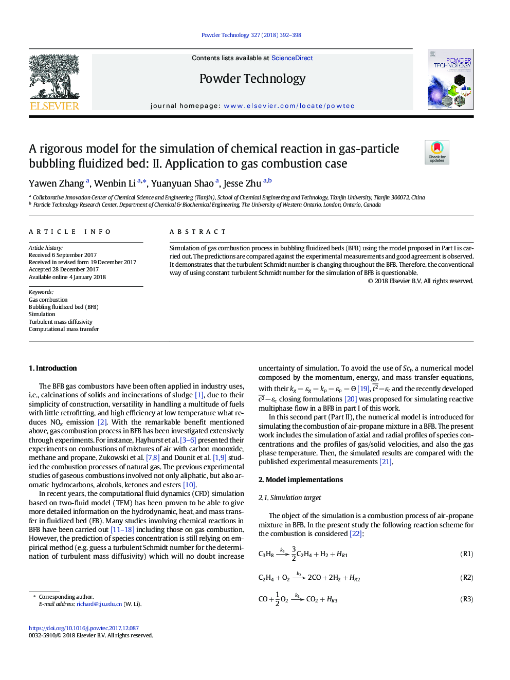 A rigorous model for the simulation of chemical reaction in gas-particle bubbling fluidized bed: II. Application to gas combustion case