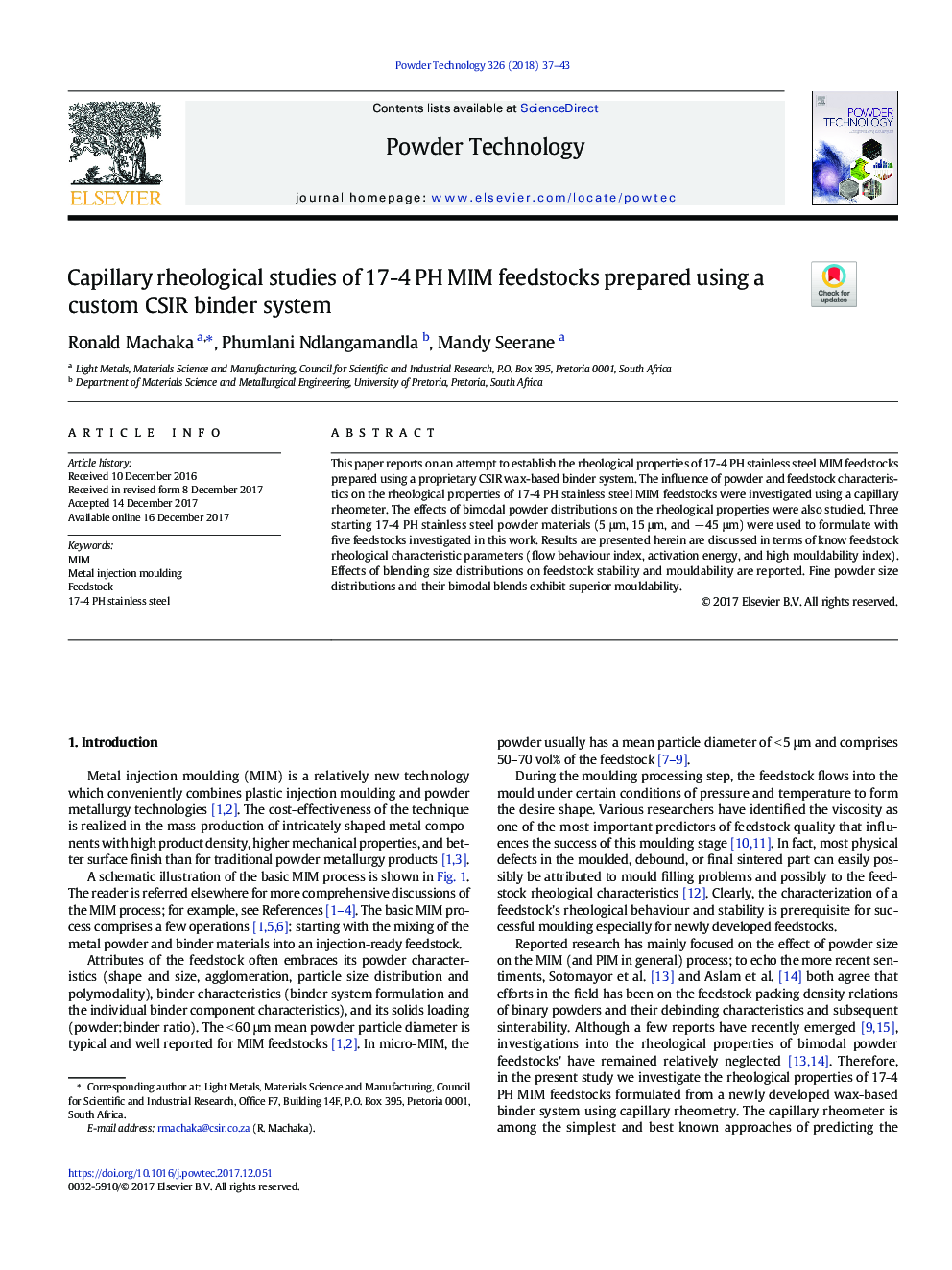 Capillary rheological studies of 17-4 PH MIM feedstocks prepared using a custom CSIR binder system