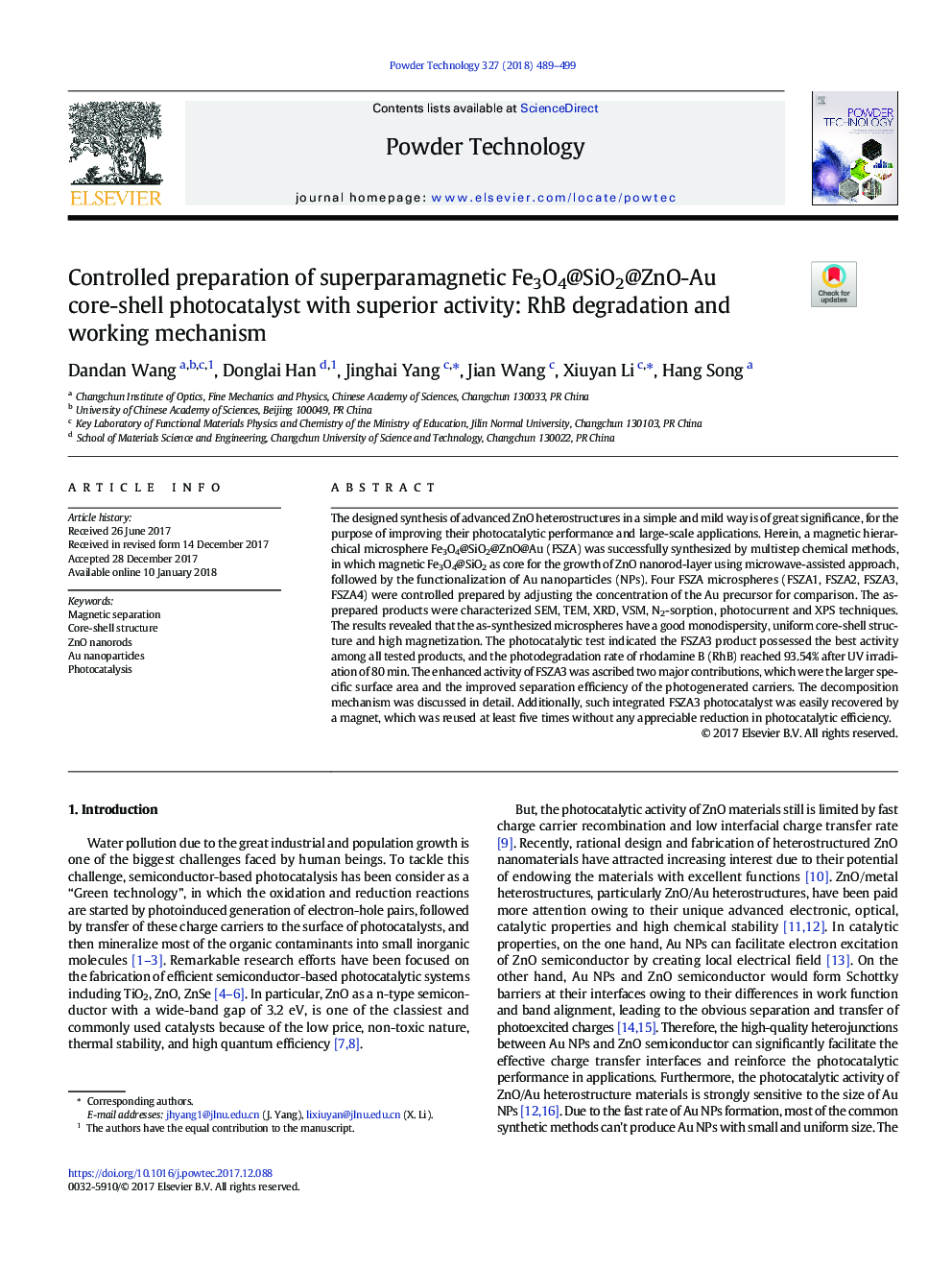 Controlled preparation of superparamagnetic Fe3O4@SiO2@ZnO-Au core-shell photocatalyst with superior activity: RhB degradation and working mechanism