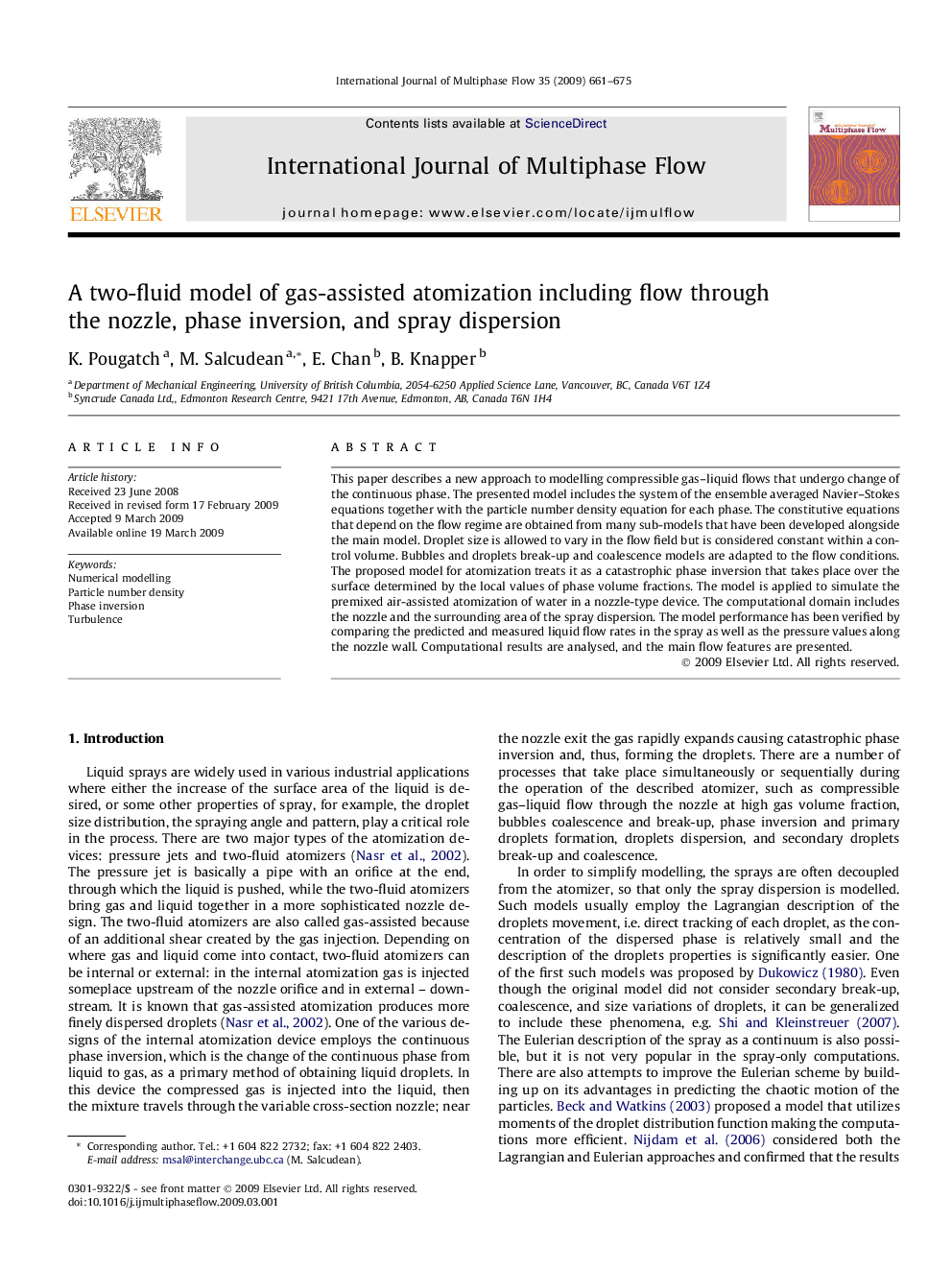 A two-fluid model of gas-assisted atomization including flow through the nozzle, phase inversion, and spray dispersion