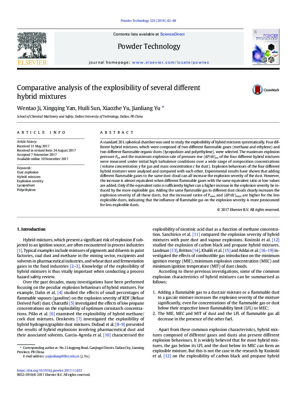 Comparative analysis of the explosibility of several different hybrid mixtures