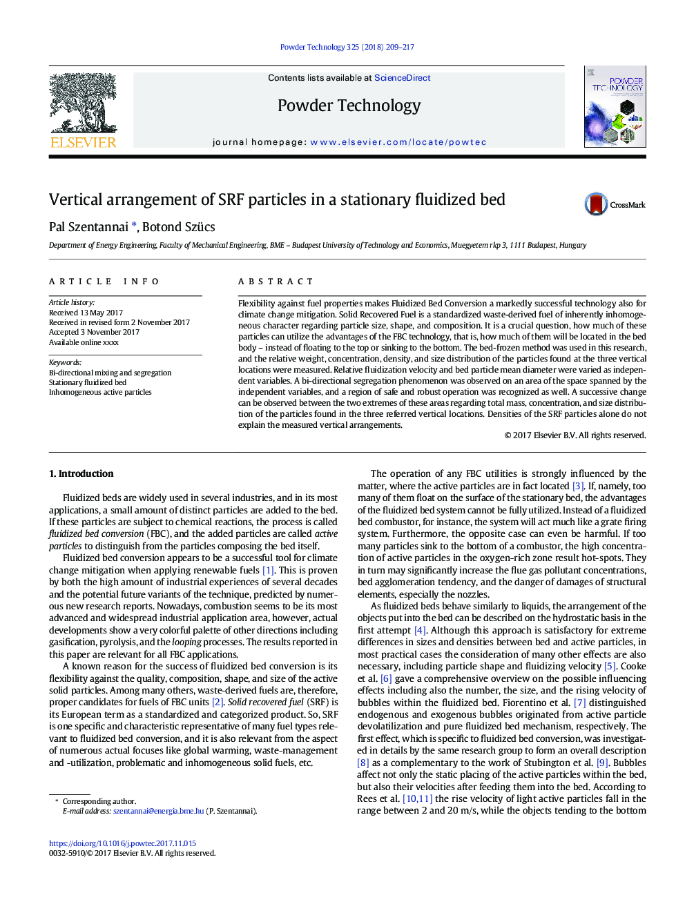 Vertical arrangement of SRF particles in a stationary fluidized bed